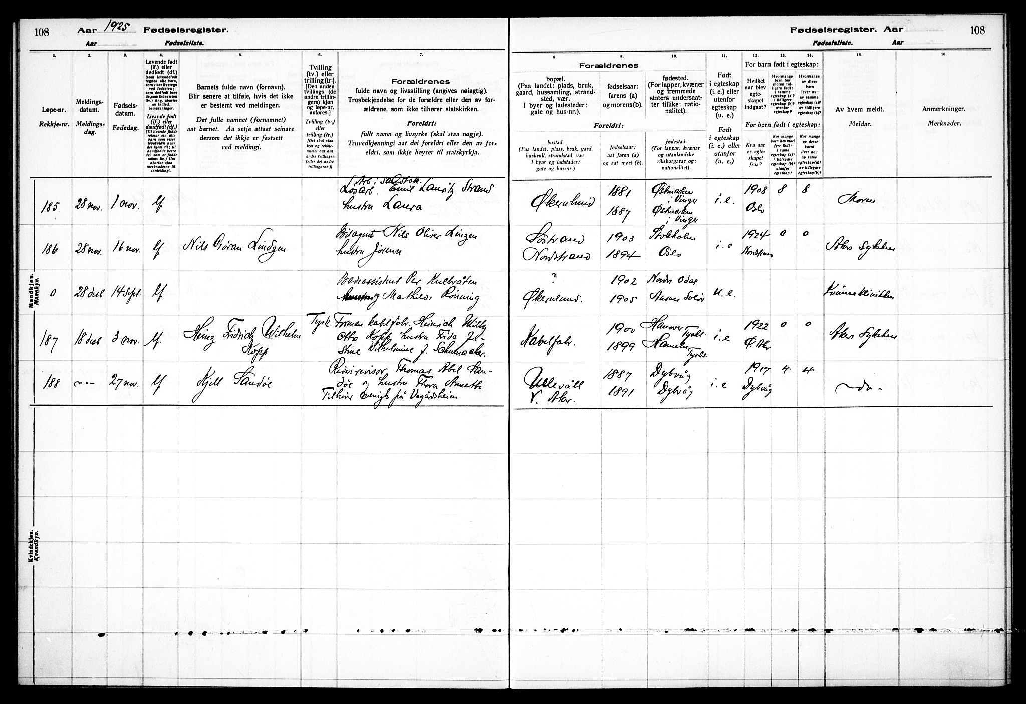 Østre Aker prestekontor Kirkebøker, AV/SAO-A-10840/J/Ja/L0002: Birth register no. I 2, 1923-1927, p. 108