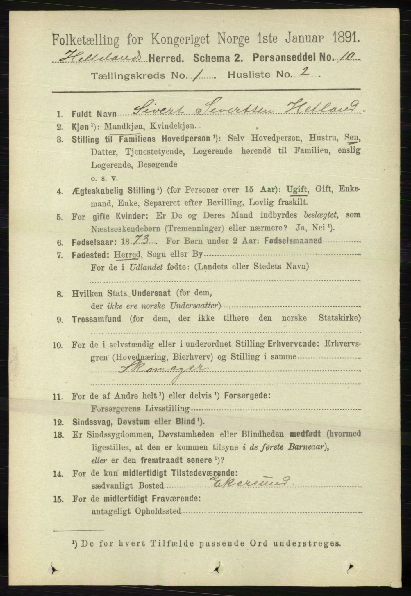 RA, 1891 census for 1115 Helleland, 1891, p. 87
