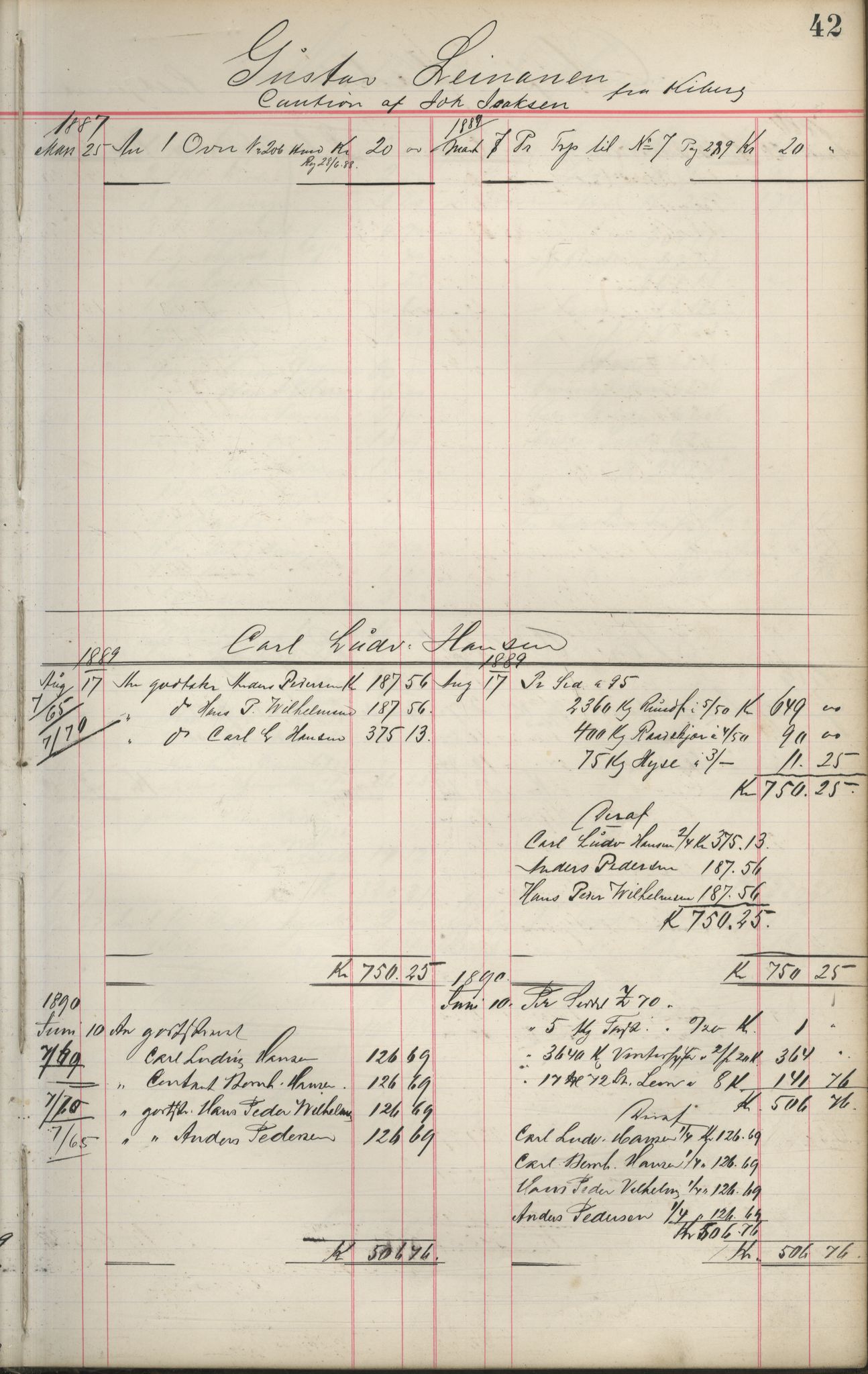 Brodtkorb handel A/S, VAMU/A-0001/F/Fa/L0001/0002: Kompanibøker. Innensogns / Compagnibog for Indensogns Fiskere No 11, 1887-1889, p. 42
