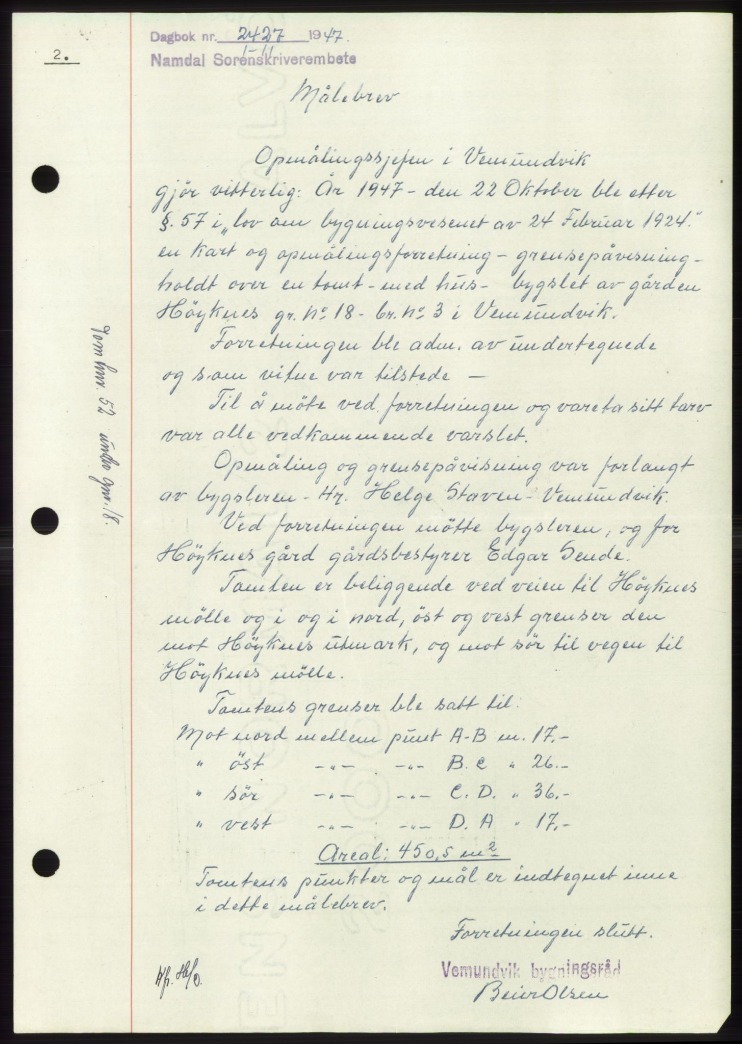 Namdal sorenskriveri, SAT/A-4133/1/2/2C: Mortgage book no. -, 1947-1948, Diary no: : 2427/1947