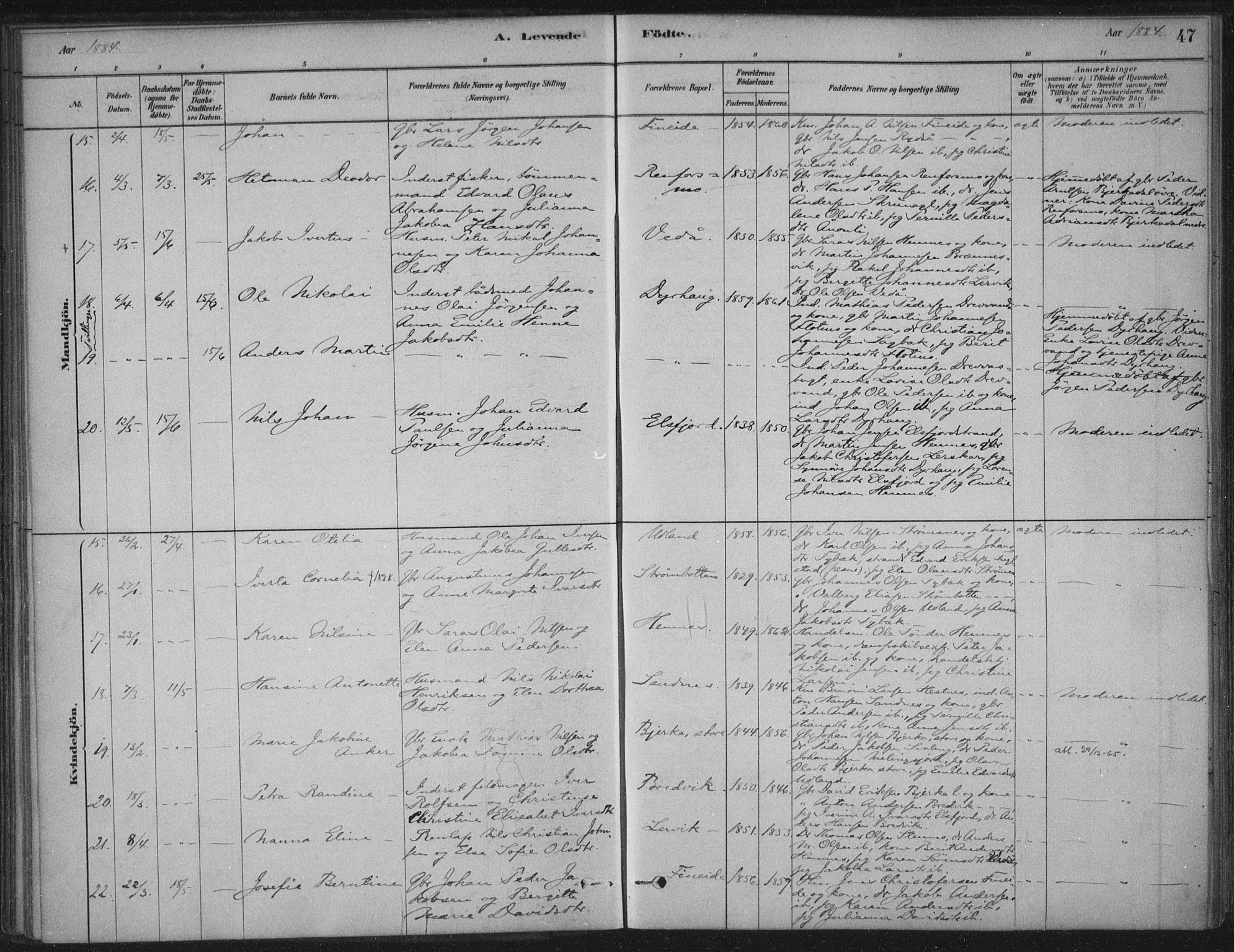 Ministerialprotokoller, klokkerbøker og fødselsregistre - Nordland, AV/SAT-A-1459/825/L0361: Parish register (official) no. 825A15, 1878-1893, p. 47