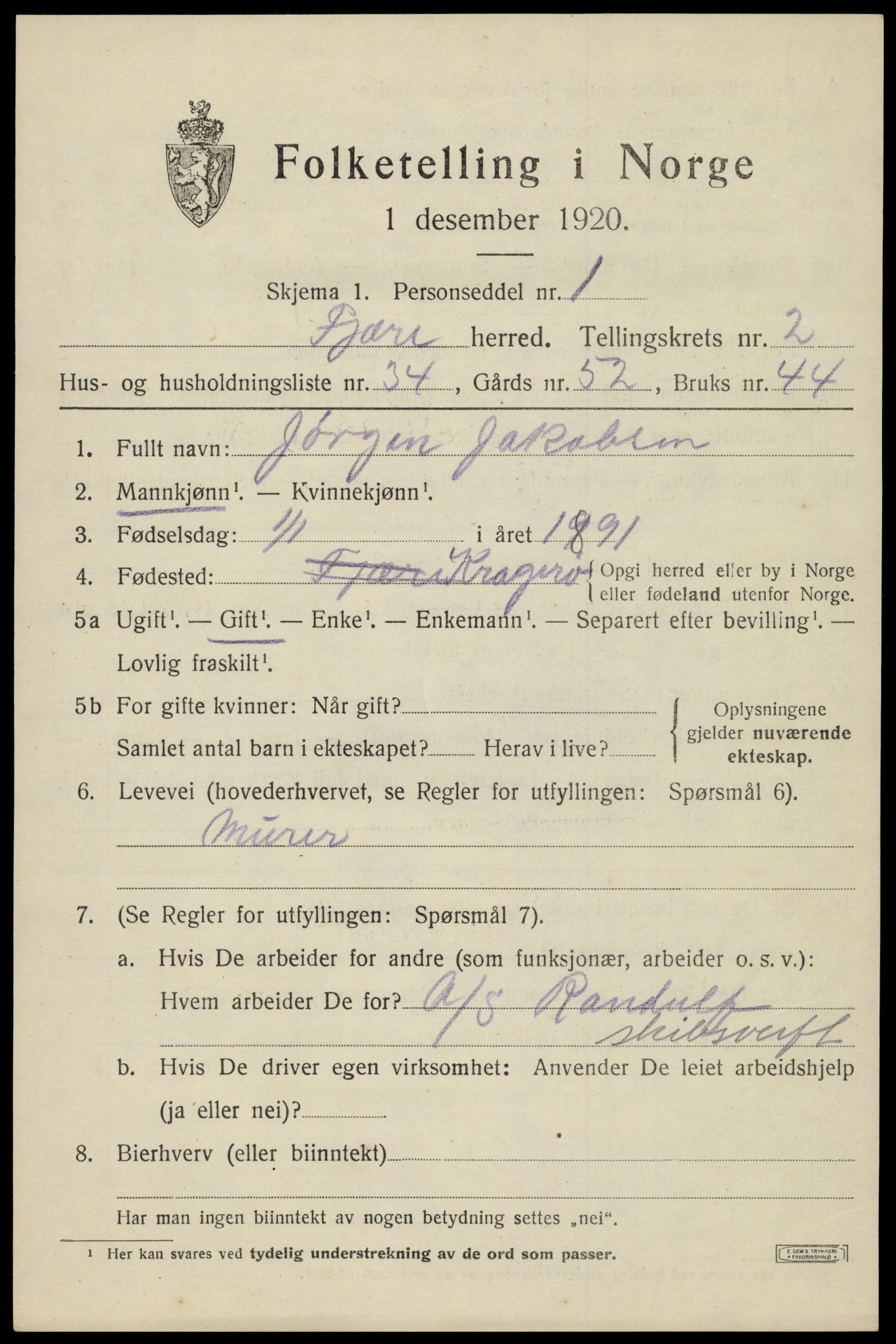 SAK, 1920 census for Fjære, 1920, p. 3629