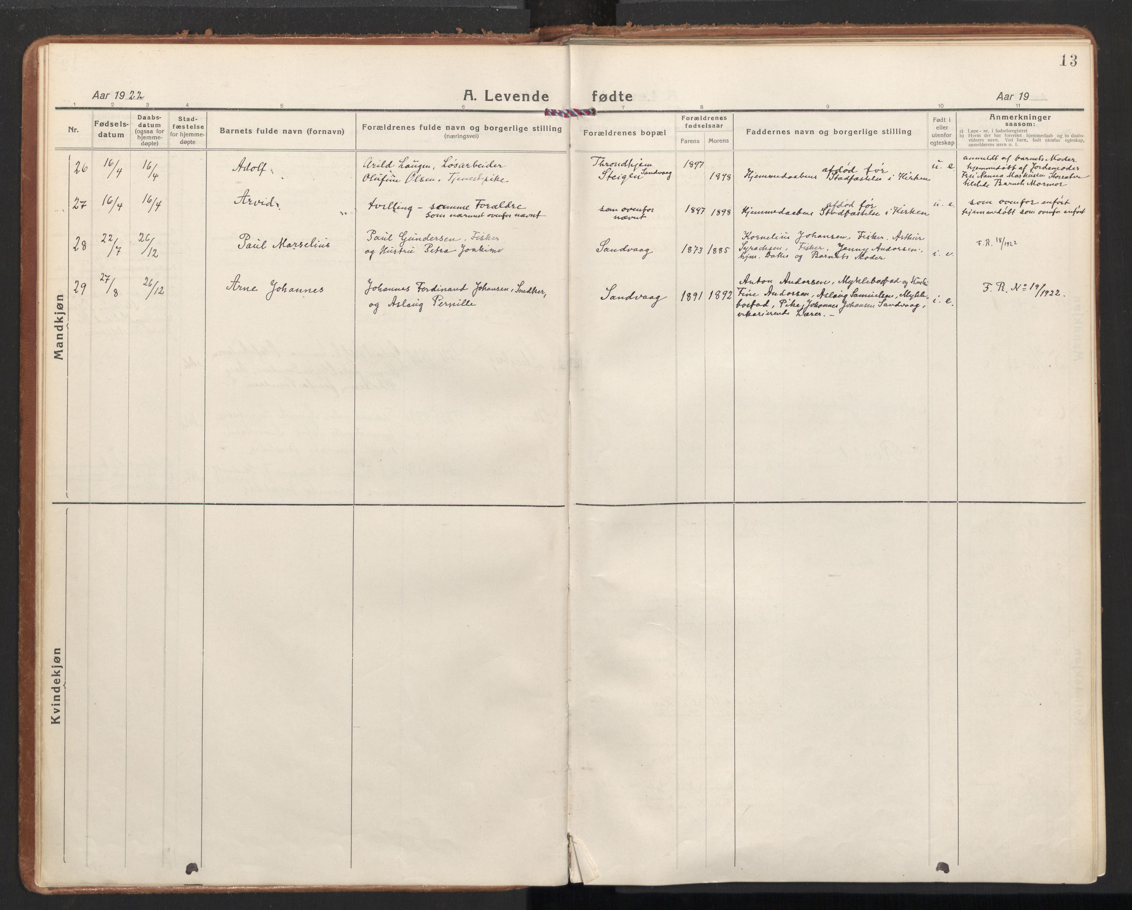 Ministerialprotokoller, klokkerbøker og fødselsregistre - Nordland, SAT/A-1459/855/L0810: Parish register (official) no. 855A17, 1921-1939, p. 13