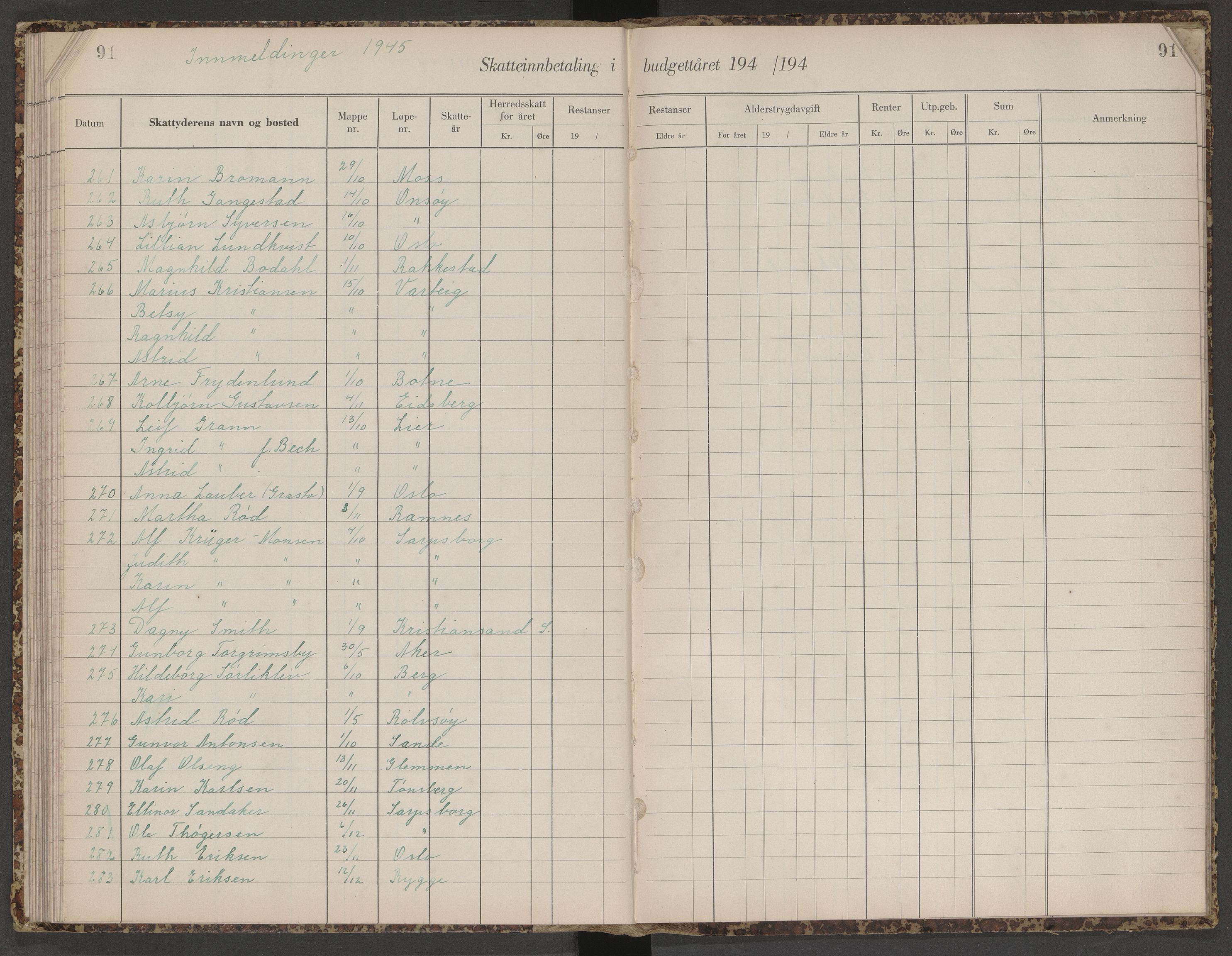 Skjeberg folkeregister, AV/SAO-A-10495/K/Ka/L0003: Fortegnelse over inn- og utflyttede, 1943-1947, p. 91