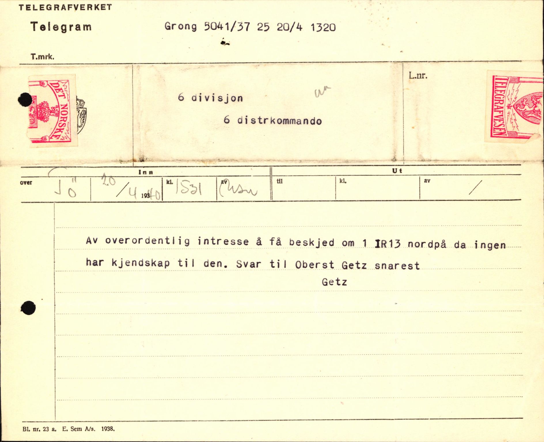 Forsvaret, Forsvarets krigshistoriske avdeling, AV/RA-RAFA-2017/Y/Yb/L0123: II-C-11-600  -  6. Divisjon med avdelinger, 1940, p. 320