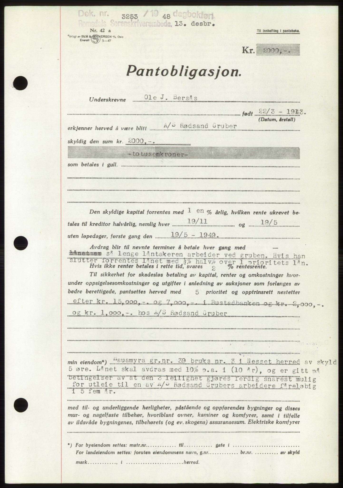 Romsdal sorenskriveri, AV/SAT-A-4149/1/2/2C: Mortgage book no. B4, 1948-1949, Diary no: : 3253/1948