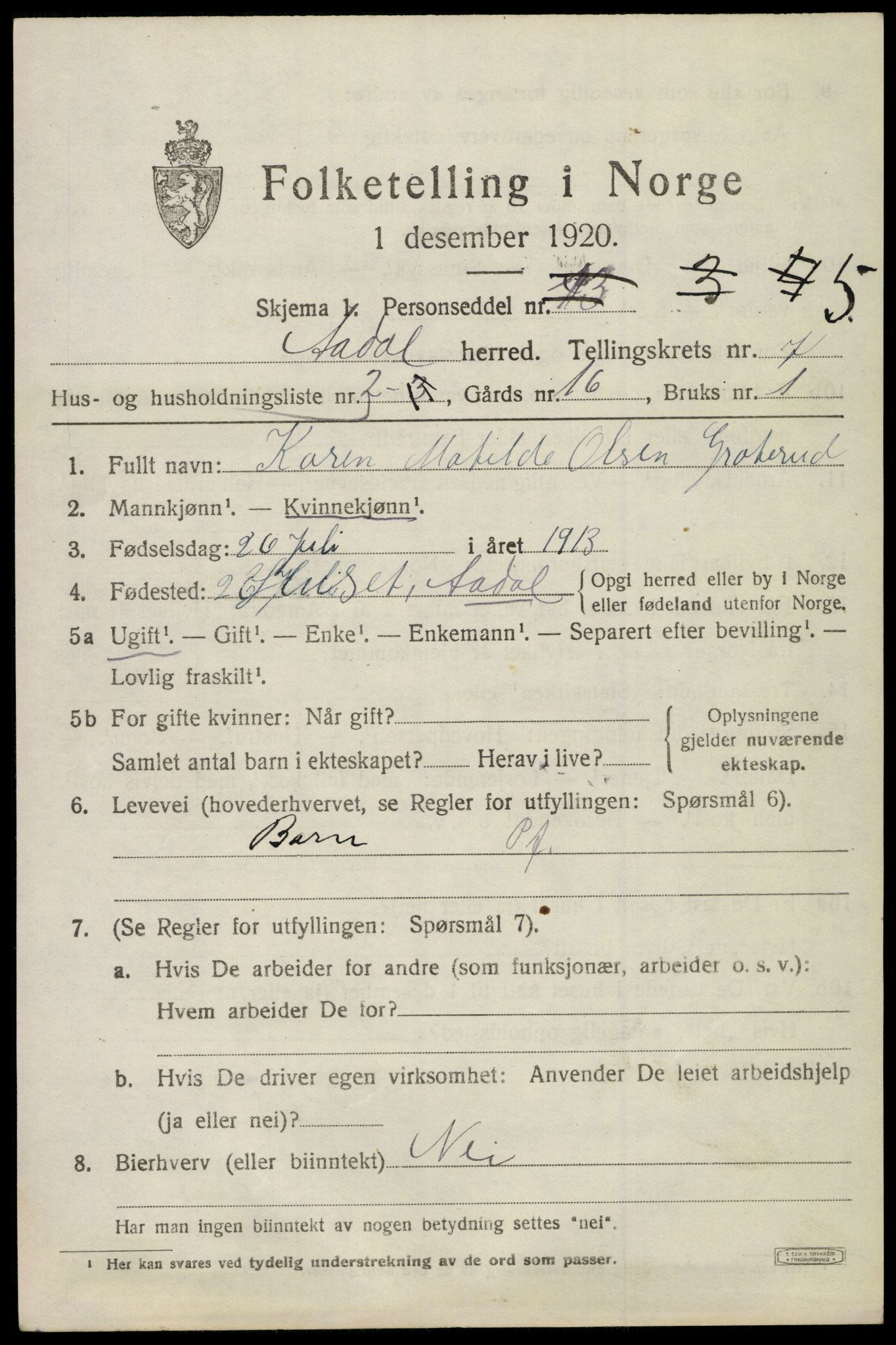 SAKO, 1920 census for Ådal, 1920, p. 5030