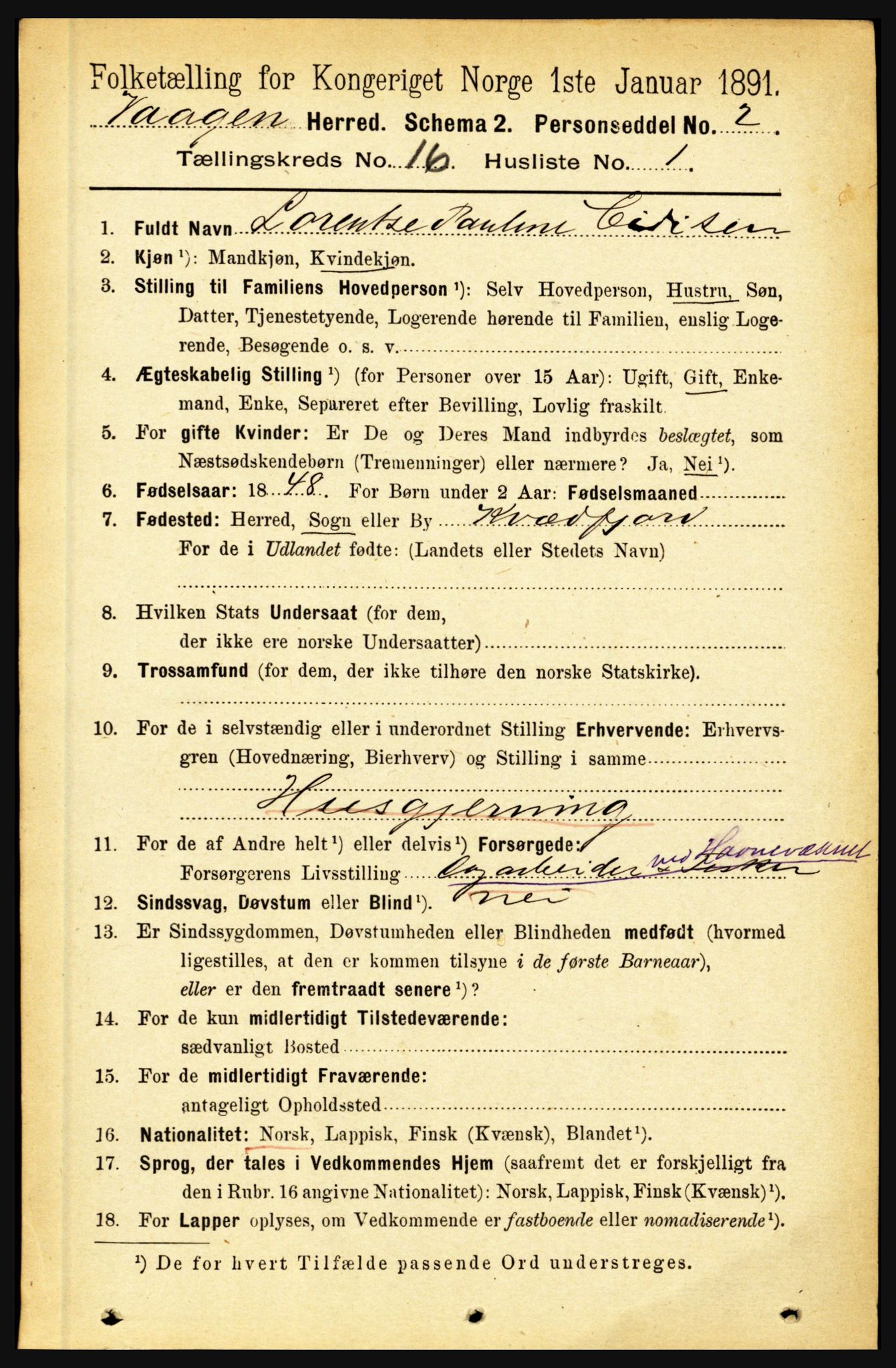 RA, 1891 census for 1865 Vågan, 1891, p. 4568