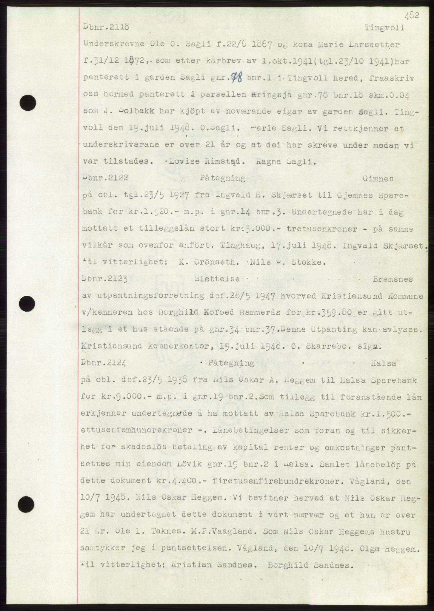 Nordmøre sorenskriveri, AV/SAT-A-4132/1/2/2Ca: Mortgage book no. C82b, 1946-1951, Diary no: : 2118/1948