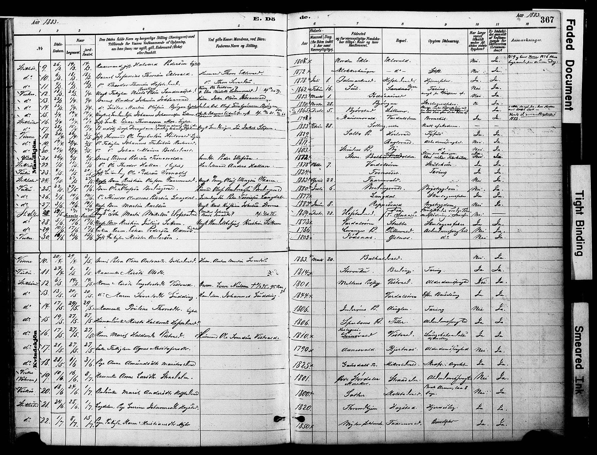 Ministerialprotokoller, klokkerbøker og fødselsregistre - Nord-Trøndelag, SAT/A-1458/723/L0244: Parish register (official) no. 723A13, 1881-1899, p. 367
