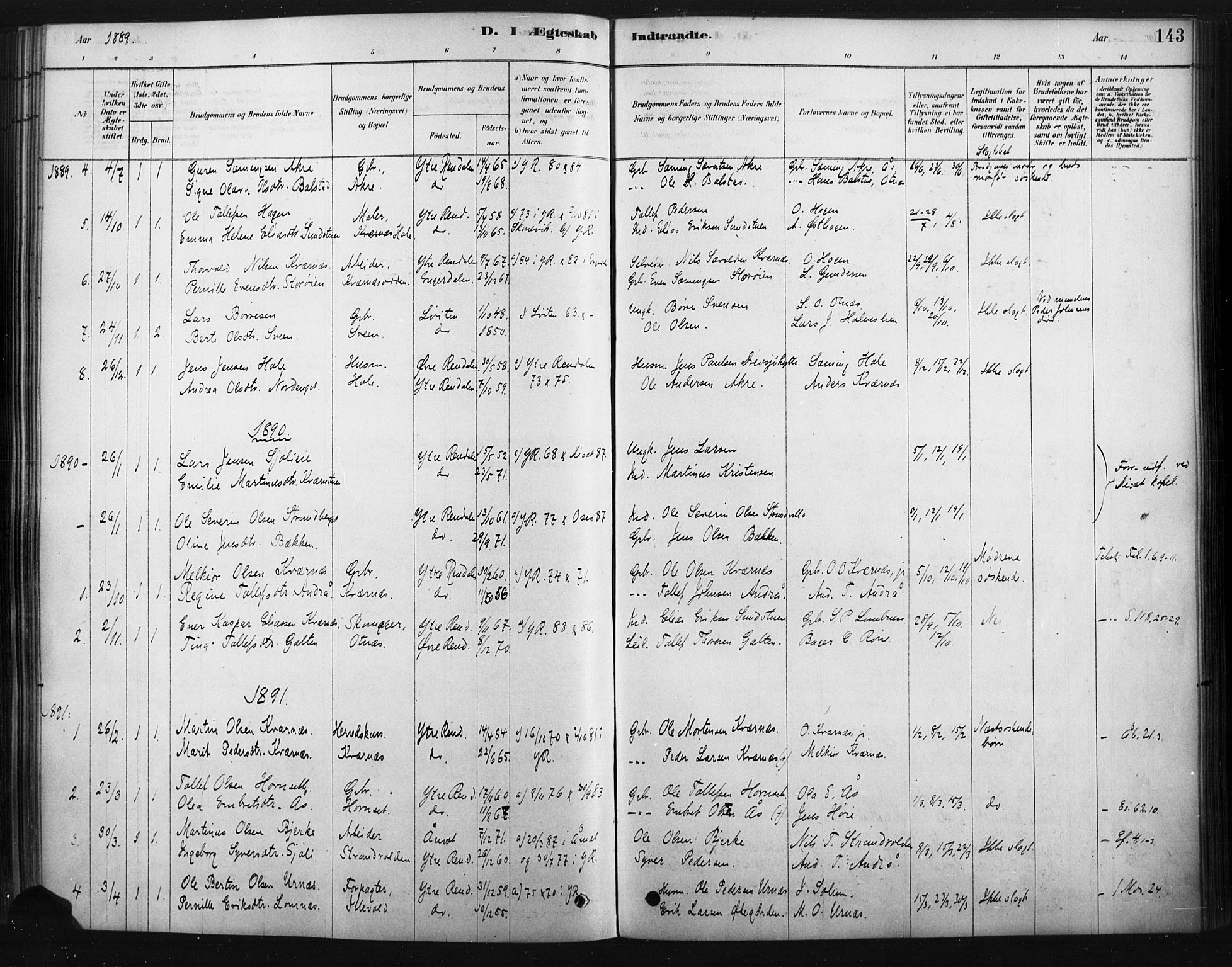 Rendalen prestekontor, SAH/PREST-054/H/Ha/Haa/L0010: Parish register (official) no. 10, 1878-1901, p. 143