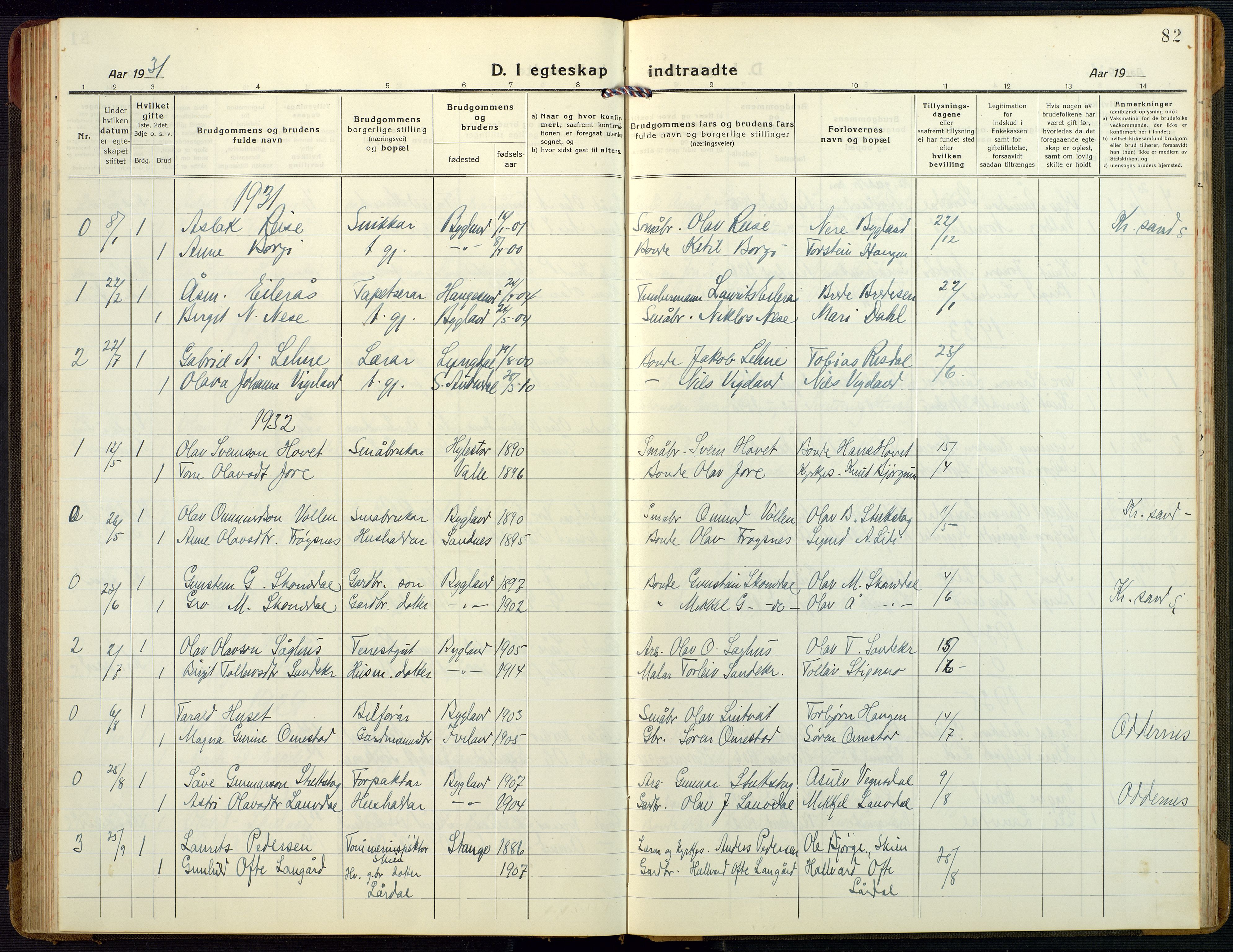 Bygland sokneprestkontor, AV/SAK-1111-0006/F/Fb/Fbb/L0005: Parish register (copy) no. B 5, 1920-1955, p. 82