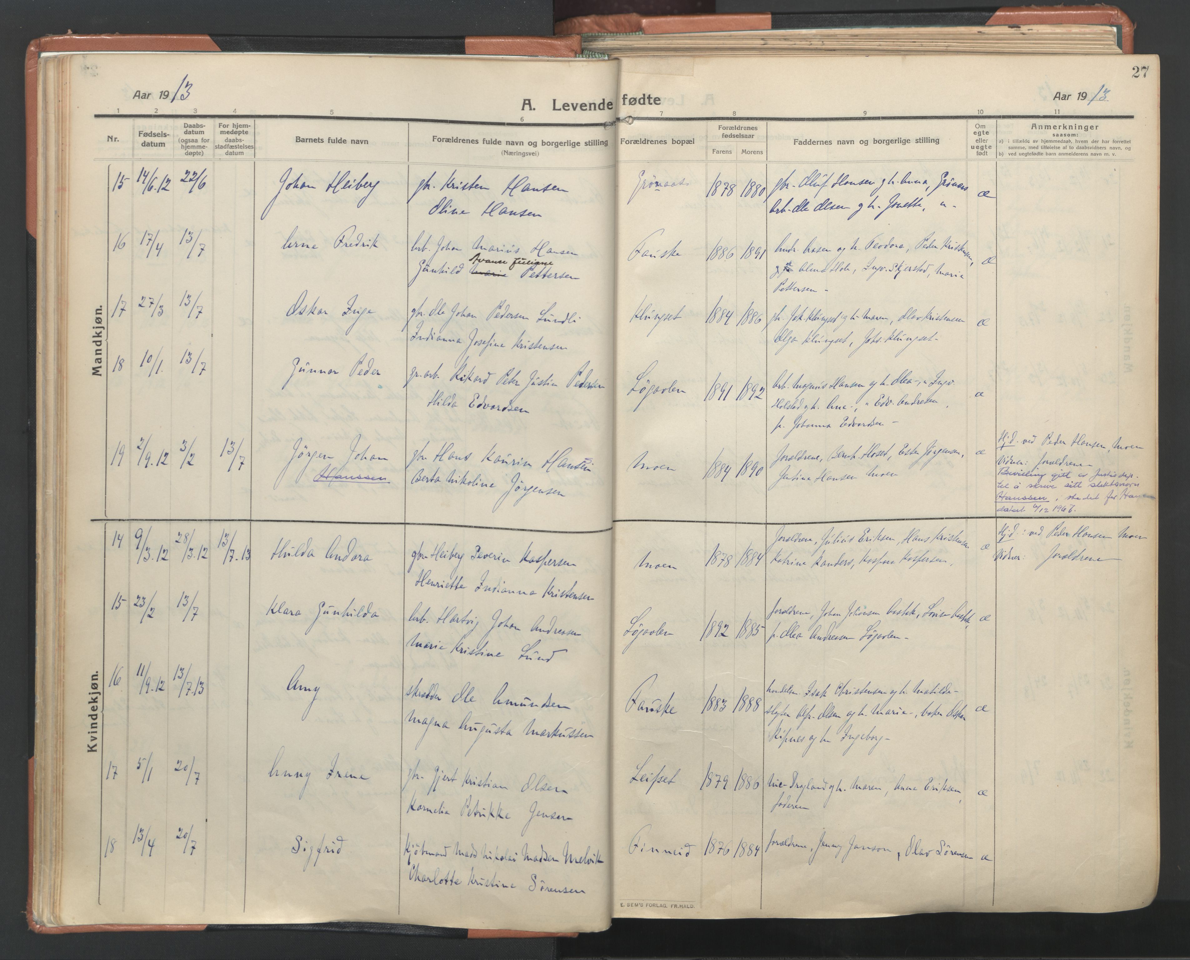 Ministerialprotokoller, klokkerbøker og fødselsregistre - Nordland, SAT/A-1459/849/L0698: Parish register (official) no. 849A09, 1911-1924, p. 27
