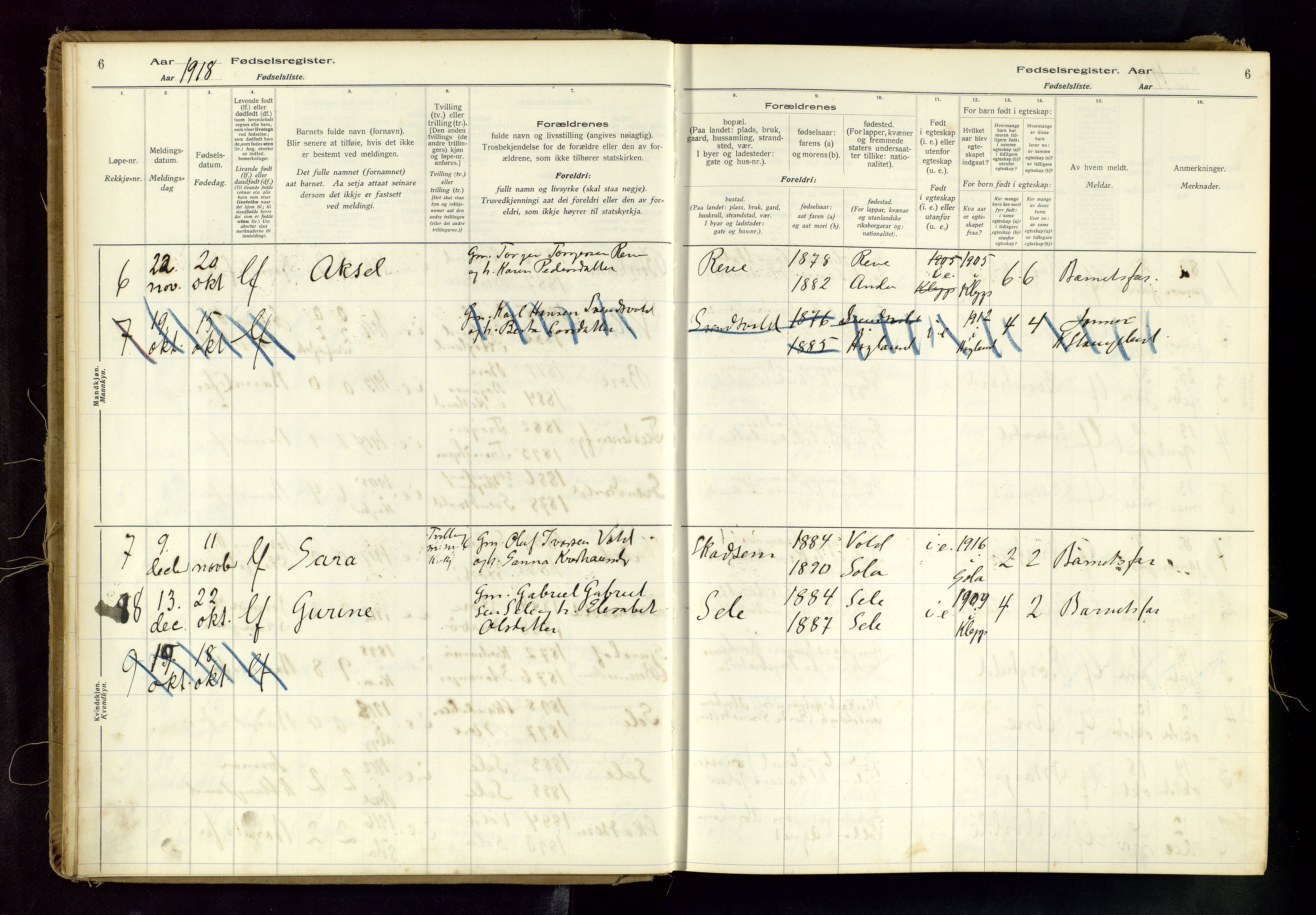 Klepp sokneprestkontor, SAST/A-101803/001/704BAB/L0001: Birth register no. 1, 1916-1976, p. 6