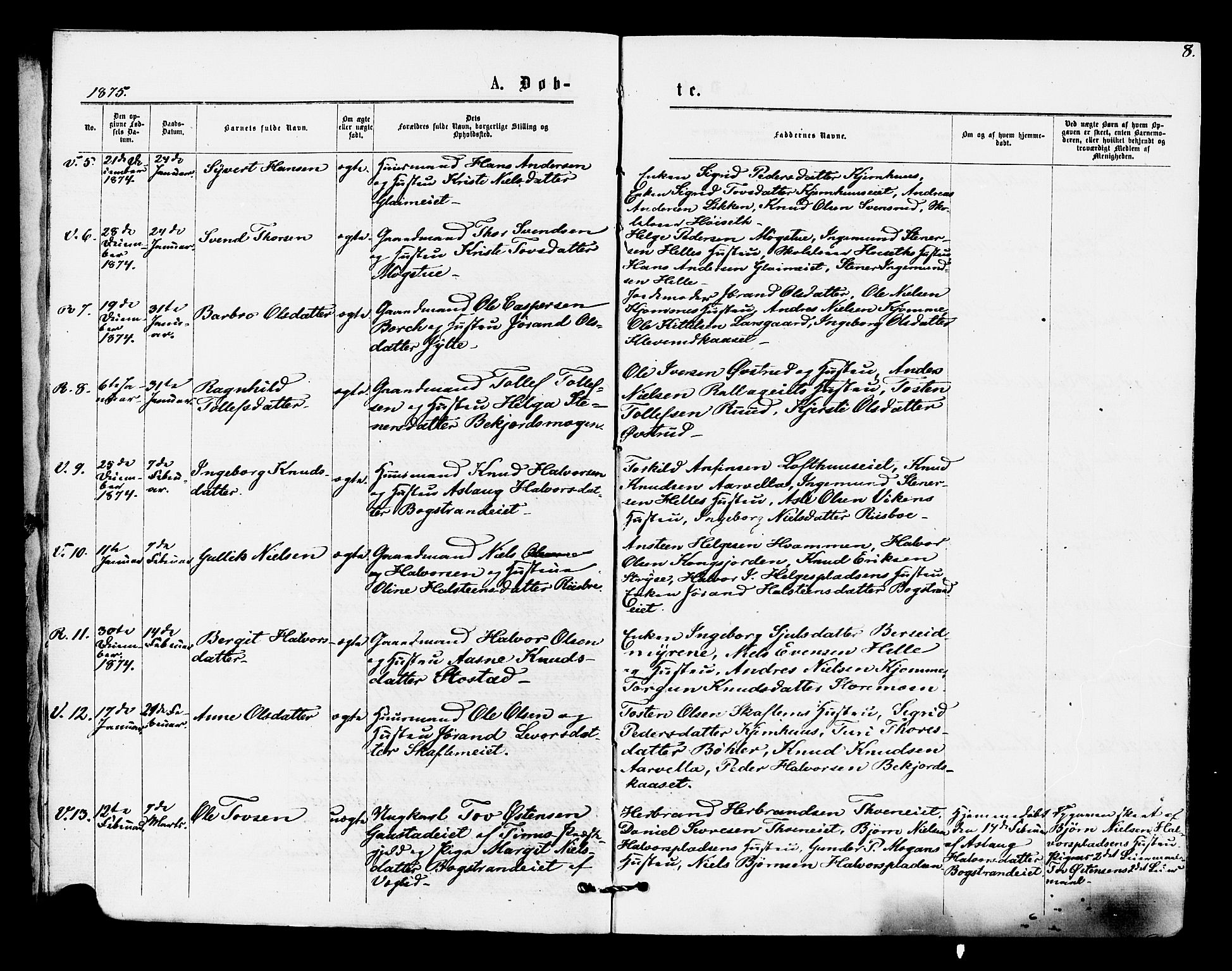 Rollag kirkebøker, AV/SAKO-A-240/F/Fa/L0010: Parish register (official) no. I 10, 1874-1877, p. 8