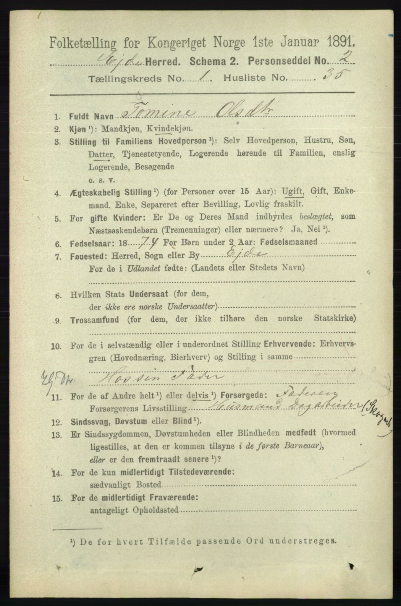 RA, 1891 census for 0925 Eide, 1891, p. 278