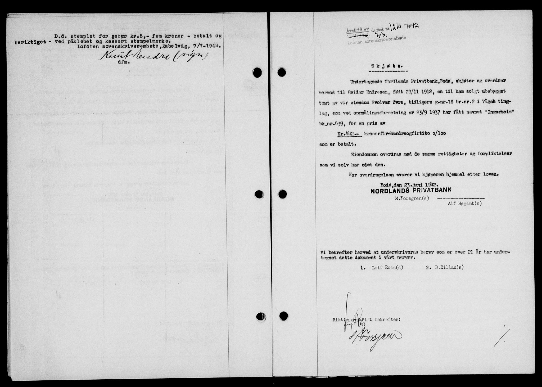 Lofoten sorenskriveri, SAT/A-0017/1/2/2C/L0010a: Mortgage book no. 10a, 1942-1943, Diary no: : 1210/1942