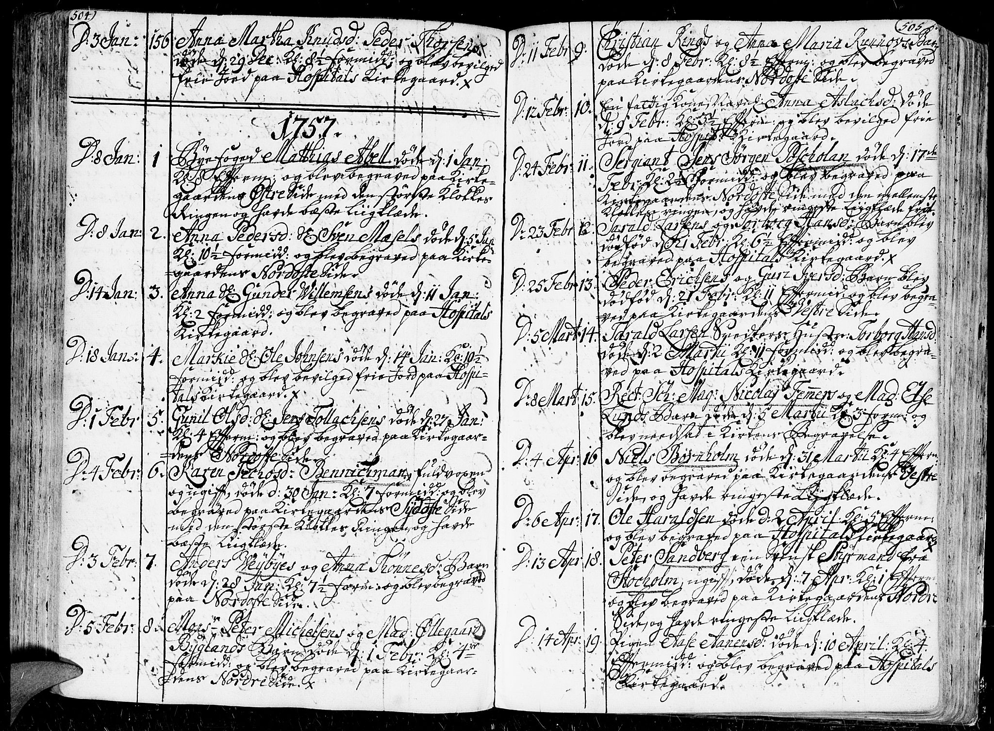 Kristiansand domprosti, SAK/1112-0006/F/Fa/L0001: Parish register (official) no. A 1, 1734-1793, p. 504-505