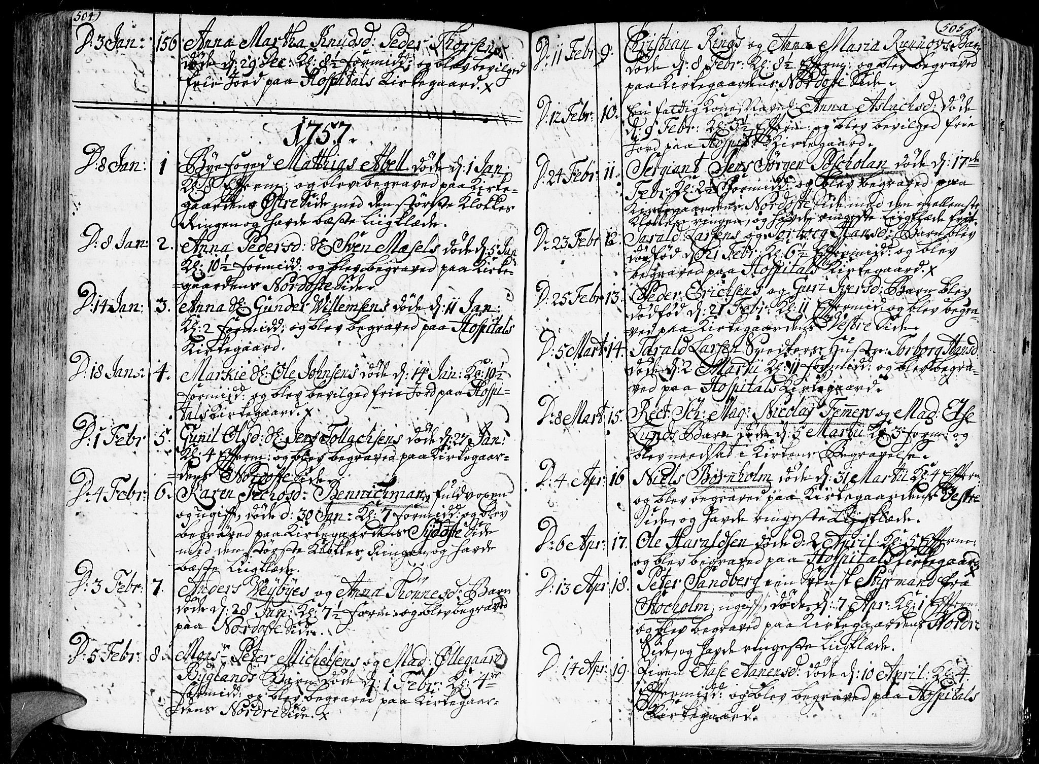 Kristiansand domprosti, AV/SAK-1112-0006/F/Fa/L0001: Parish register (official) no. A 1, 1734-1793, p. 504-505