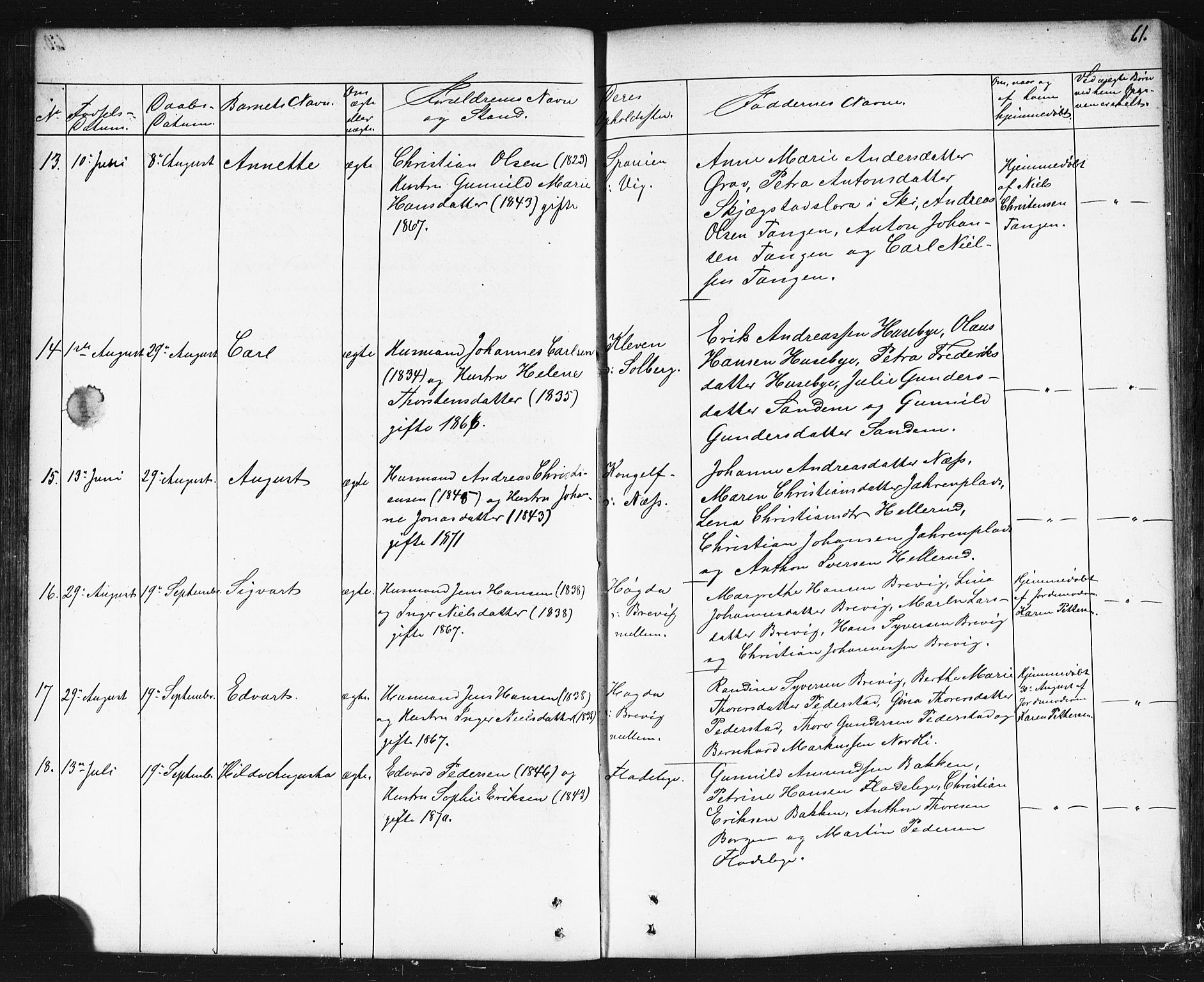 Enebakk prestekontor Kirkebøker, SAO/A-10171c/G/Gb/L0001: Parish register (copy) no. II 1, 1859-1890, p. 61