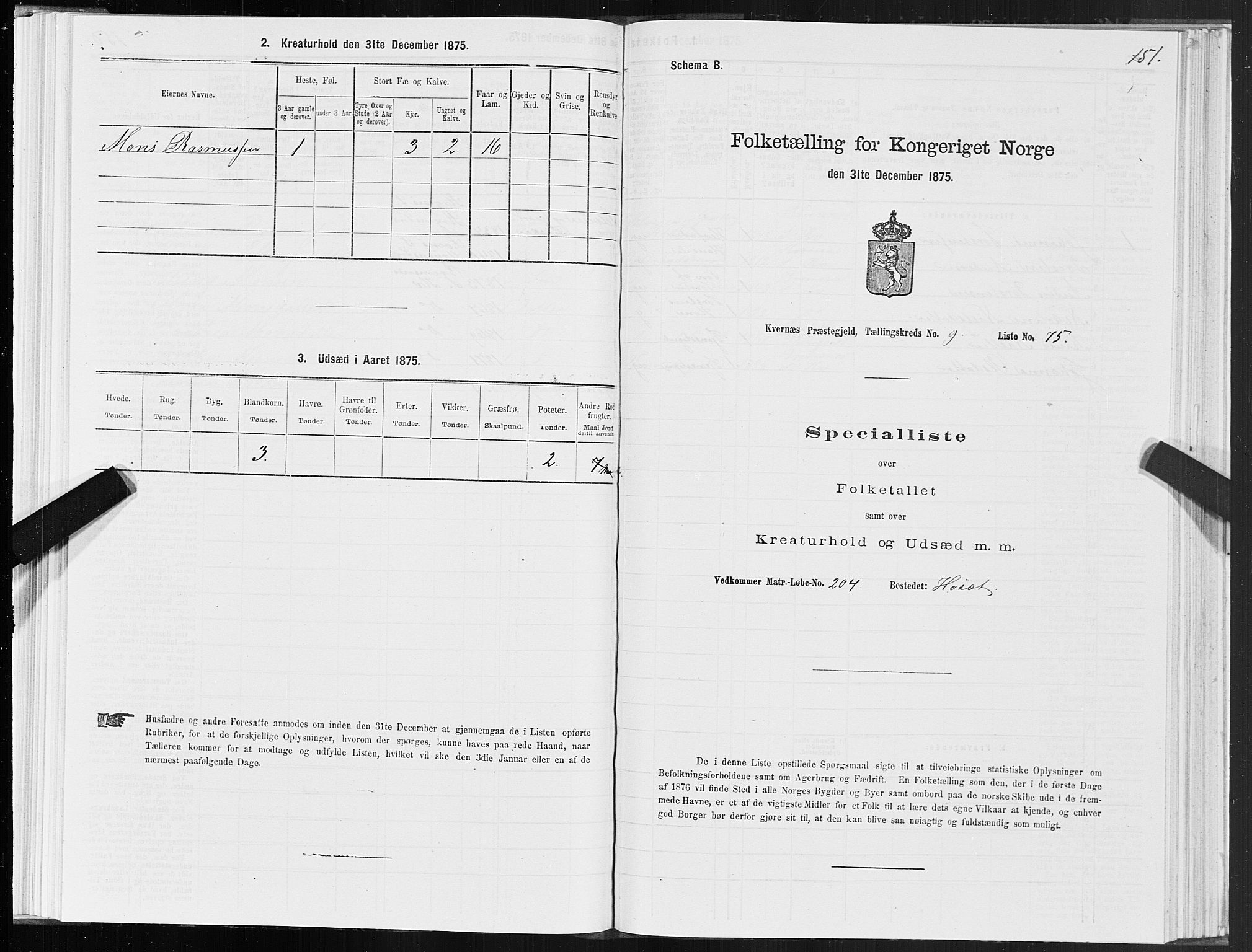 SAT, 1875 census for 1553P Kvernes, 1875, p. 5151