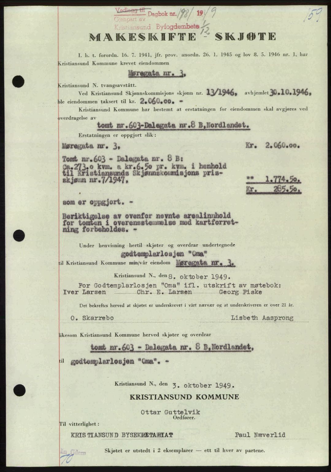 Kristiansund byfogd, AV/SAT-A-4587/A/27: Mortgage book no. 46, 1949-1950, Diary no: : 1981/1949
