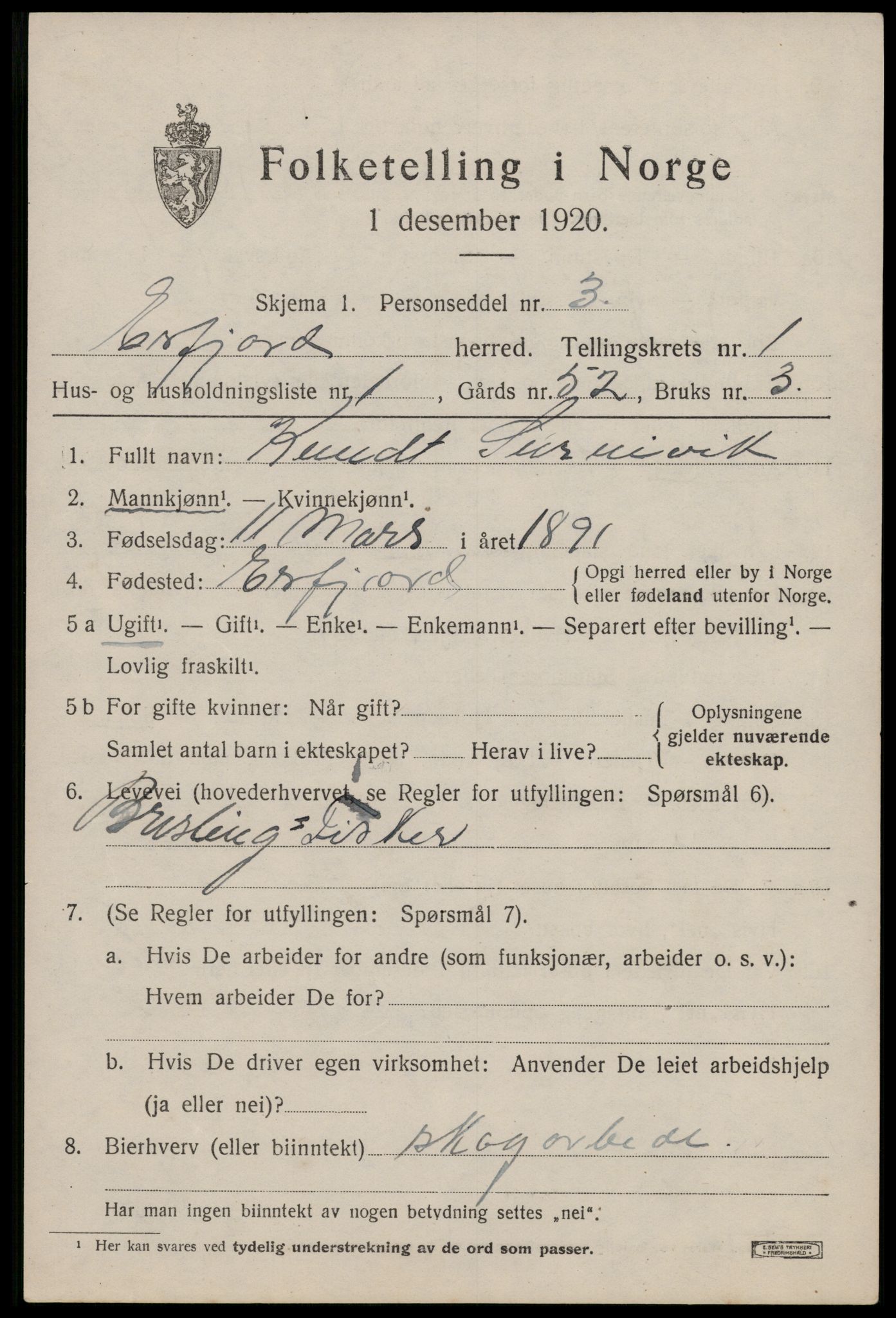 SAST, 1920 census for Erfjord, 1920, p. 275