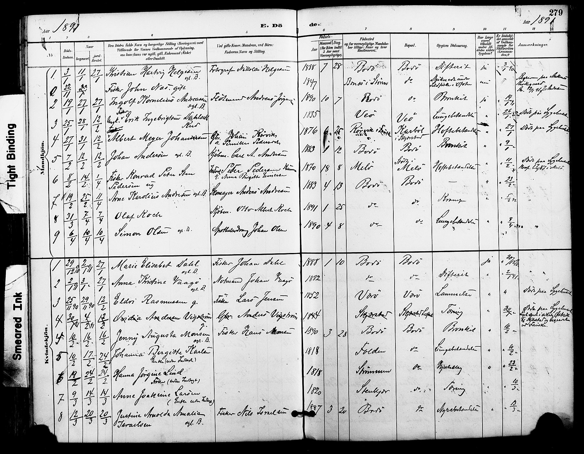 Ministerialprotokoller, klokkerbøker og fødselsregistre - Nordland, AV/SAT-A-1459/801/L0010: Parish register (official) no. 801A10, 1888-1899, p. 279