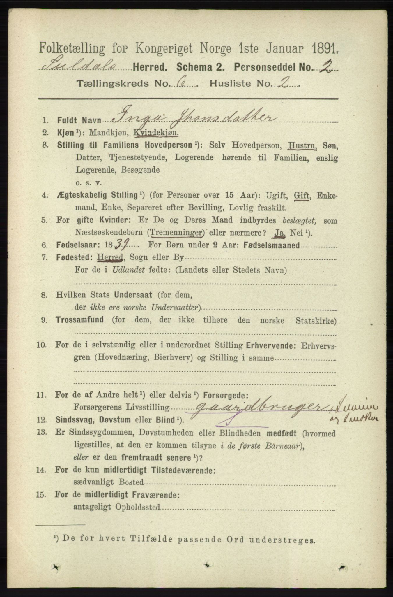 RA, 1891 census for 1134 Suldal, 1891, p. 1602