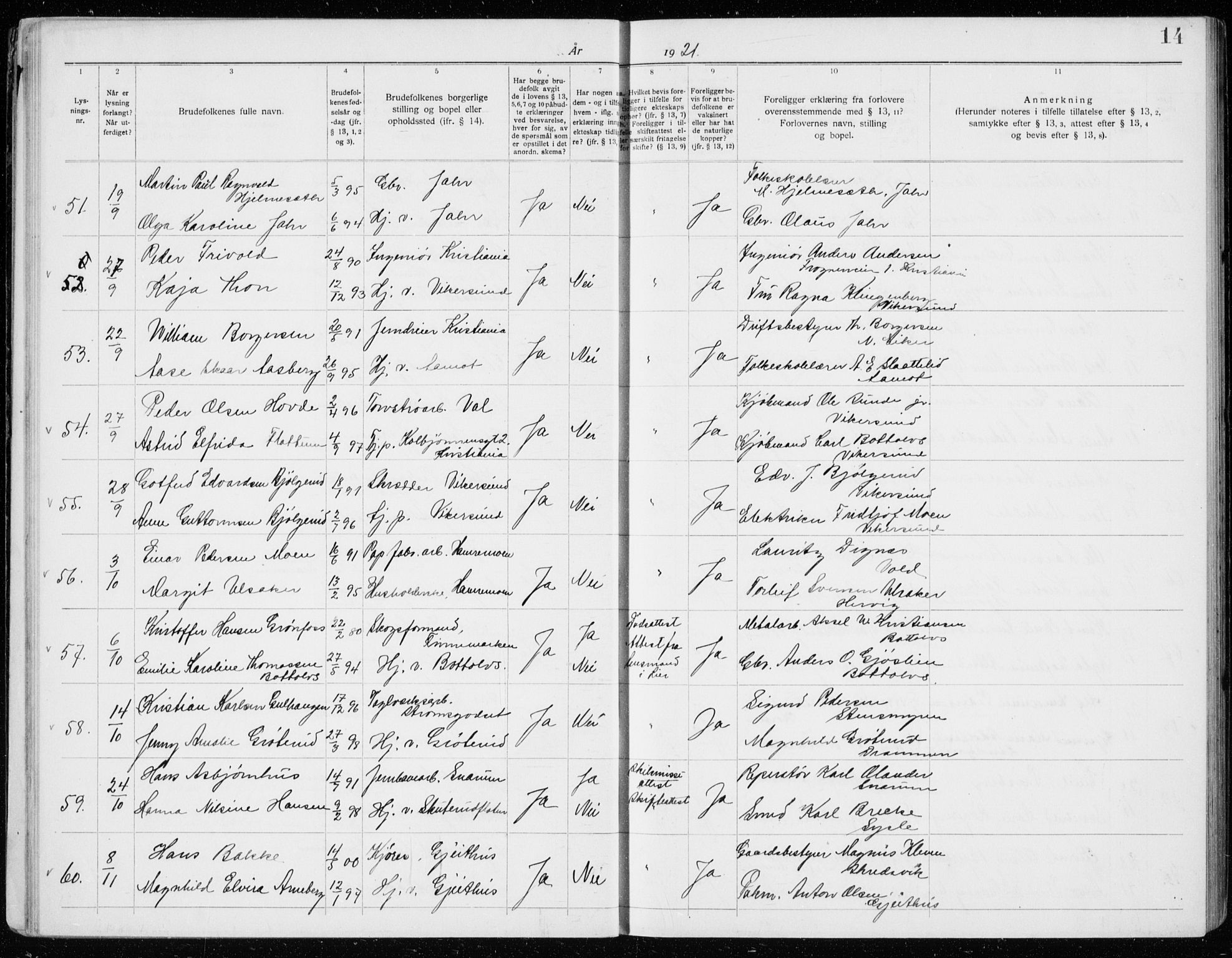 Modum kirkebøker, AV/SAKO-A-234/H/Ha/L0003: Banns register no. I 3, 1920-1934, p. 14