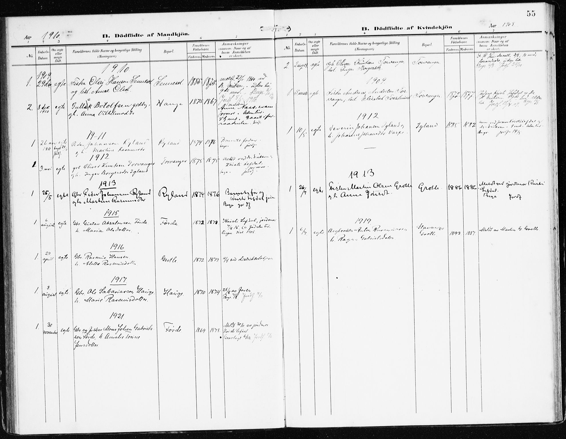 Bremanger sokneprestembete, AV/SAB-A-82201/H/Haa/Haac/L0001: Parish register (official) no. C 1, 1908-1921, p. 55