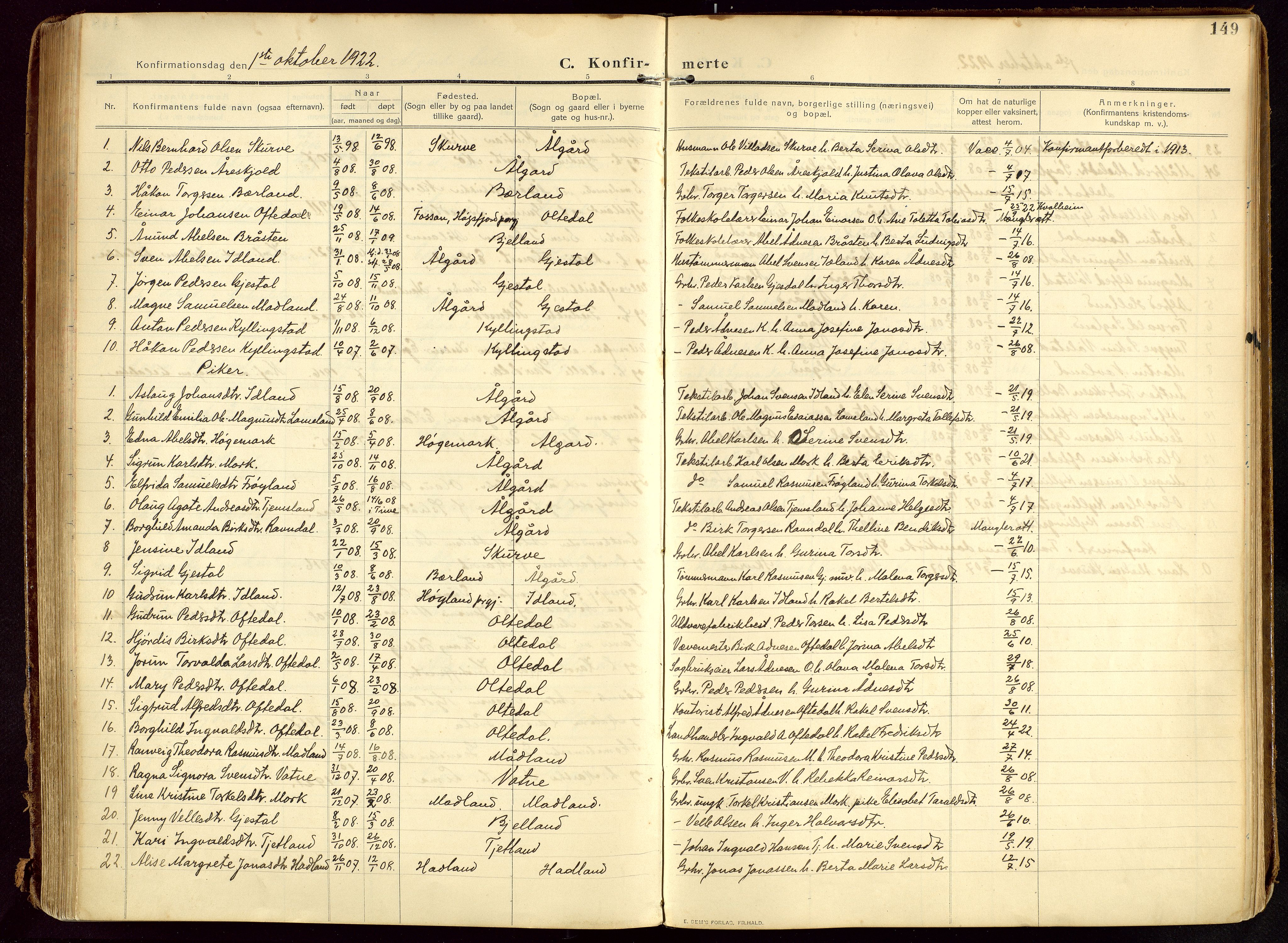 Lye sokneprestkontor, SAST/A-101794/002/B/L0001: Parish register (official) no. A 13, 1910-1925, p. 149