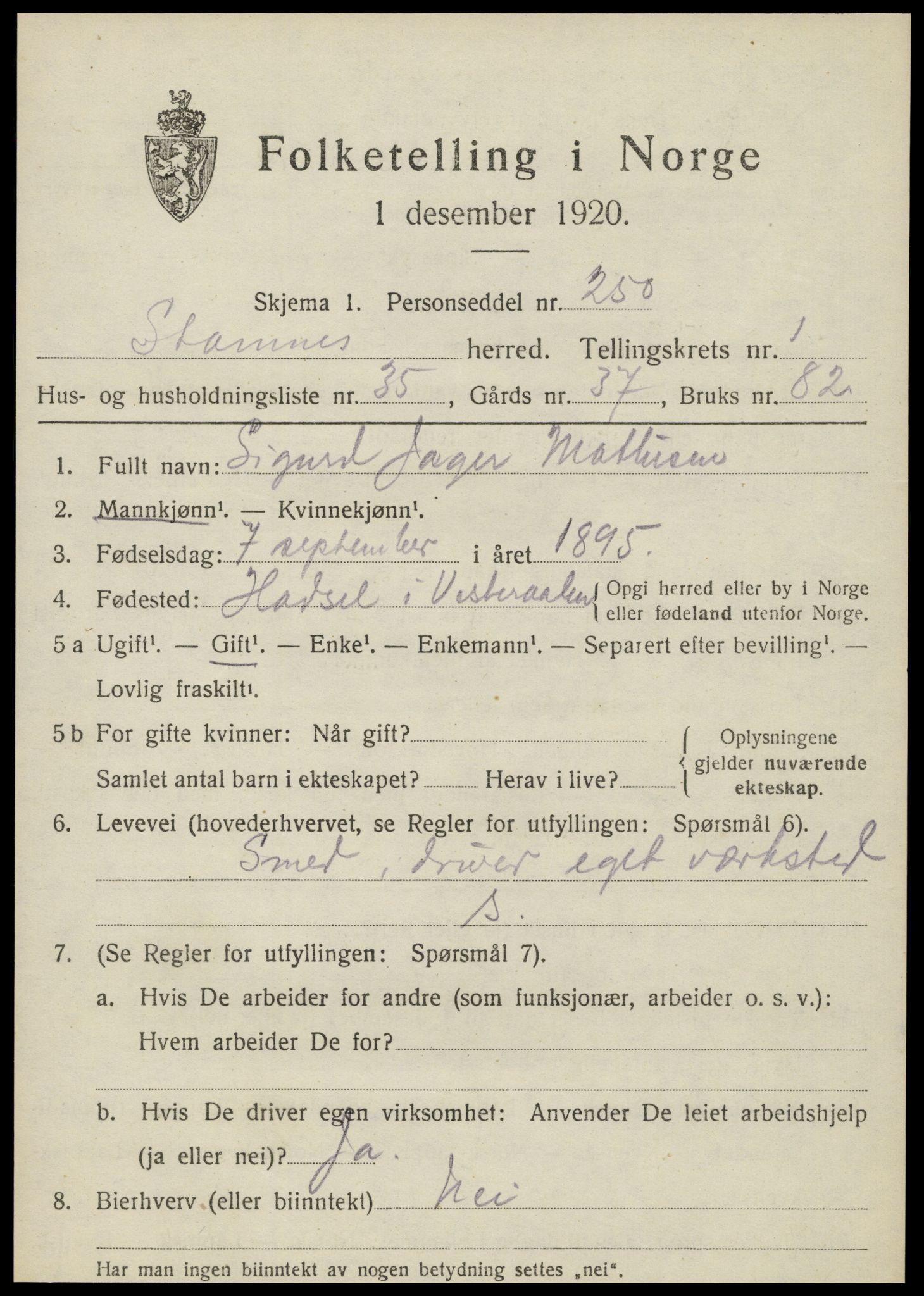 SAT, 1920 census for Stamnes, 1920, p. 1066