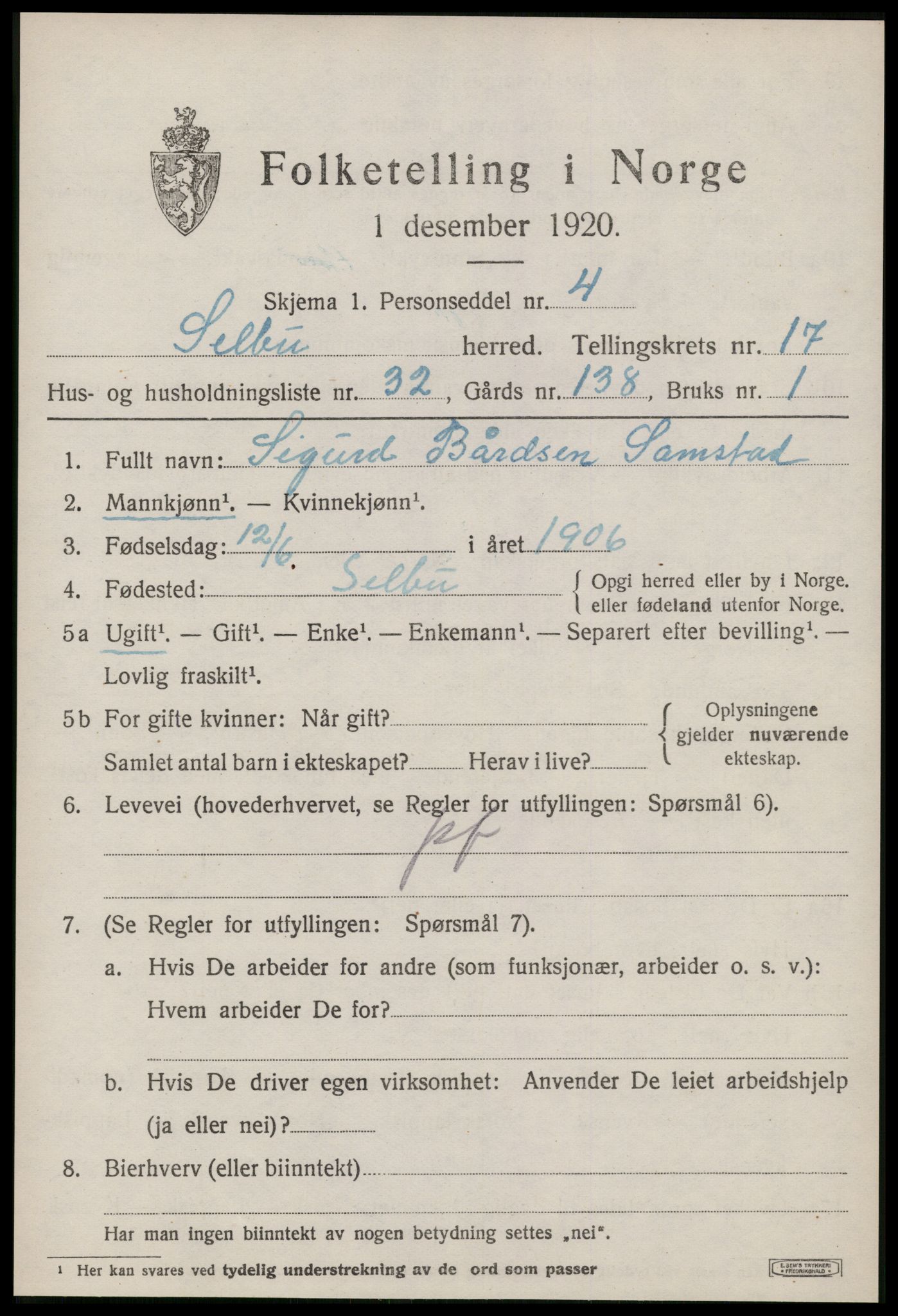 SAT, 1920 census for Selbu, 1920, p. 9246