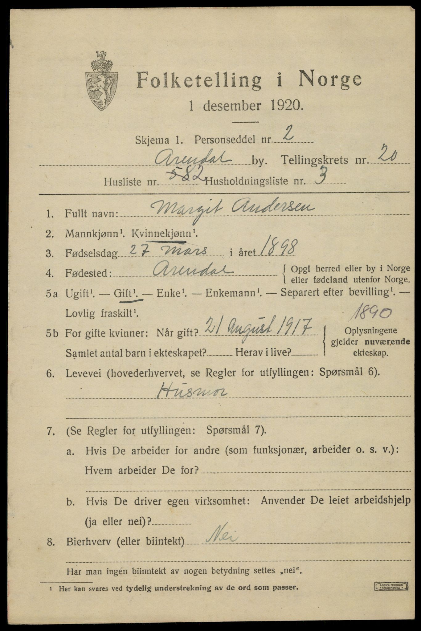 SAK, 1920 census for Arendal, 1920, p. 26872