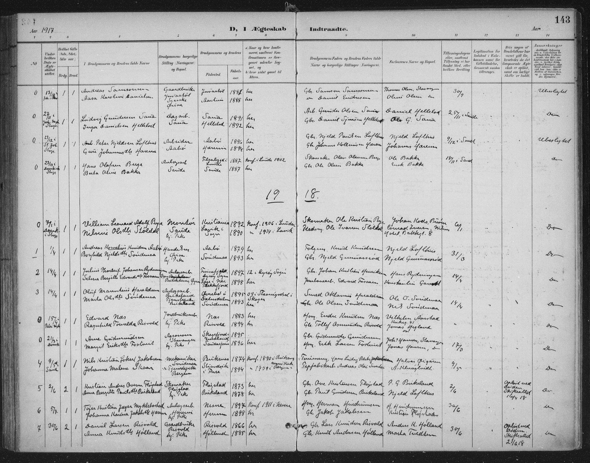 Sand sokneprestkontor, AV/SAST-A-101848/03/C/L0001: Parish register (official) no. A 7, 1899-1928, p. 143