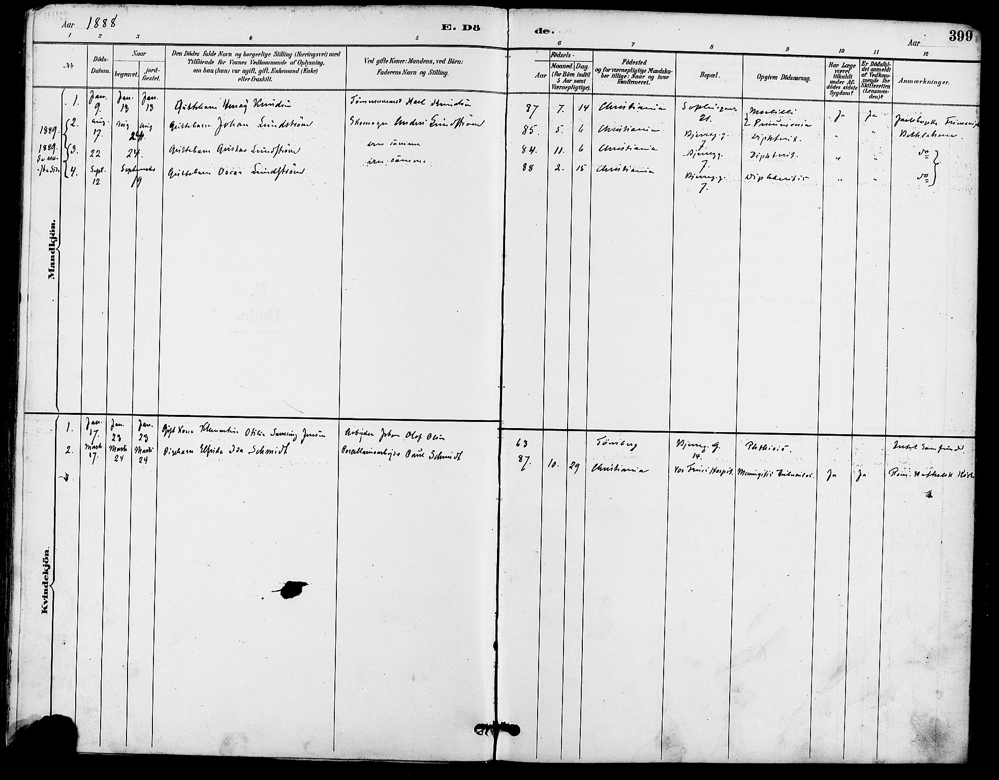 Gamle Aker prestekontor Kirkebøker, SAO/A-10617a/F/L0008: Parish register (official) no. 8, 1887-1896, p. 399