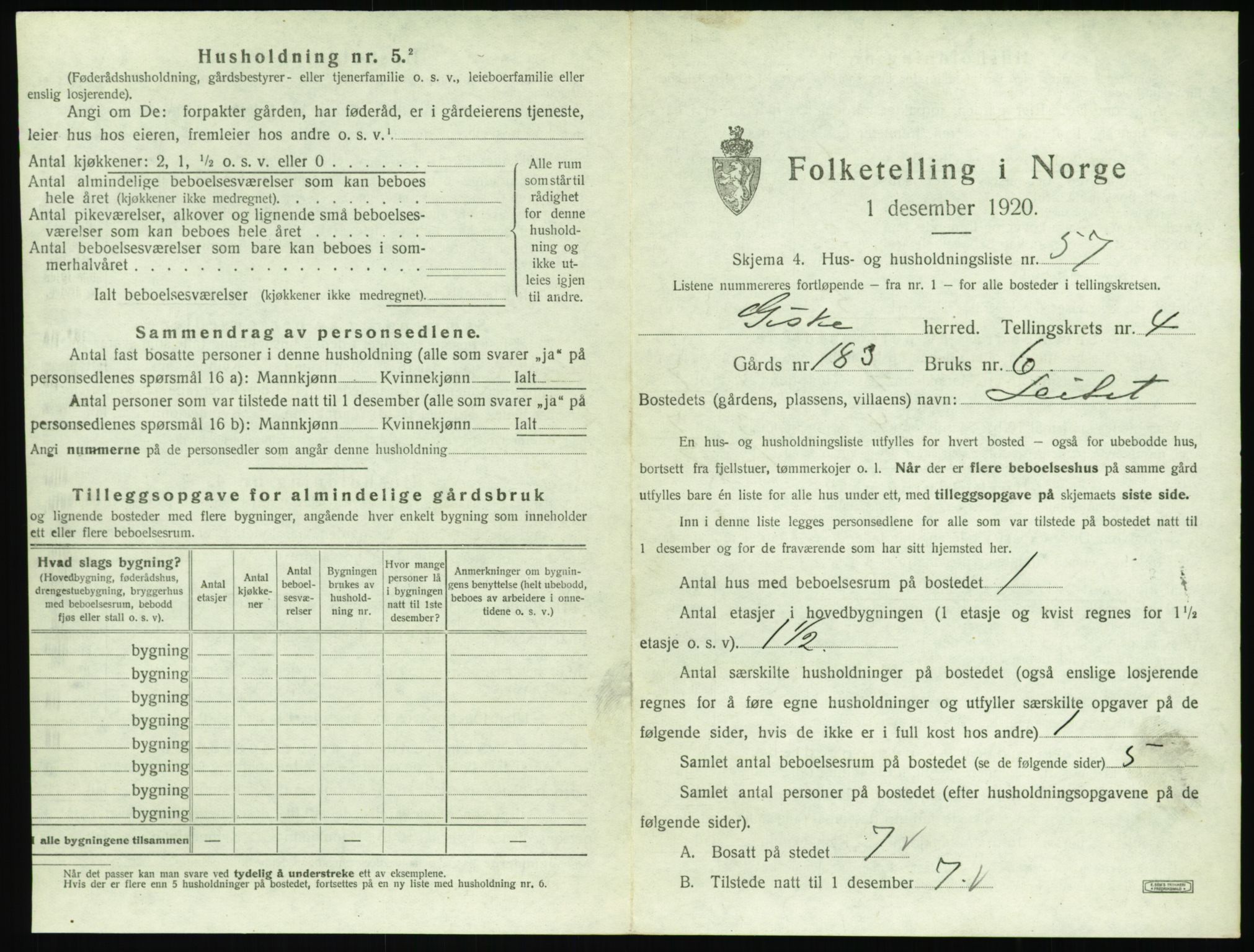 SAT, 1920 census for Giske, 1920, p. 398