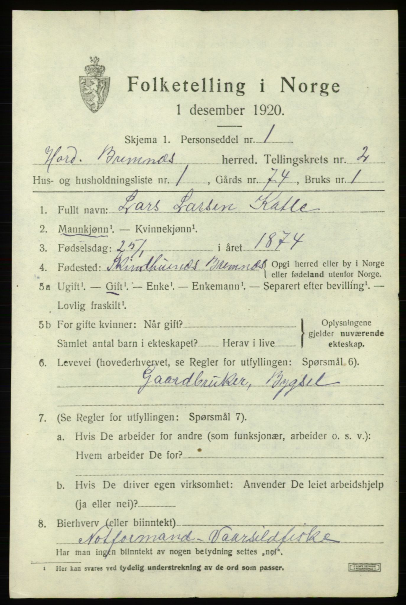 SAB, 1920 census for Bremnes, 1920, p. 1290