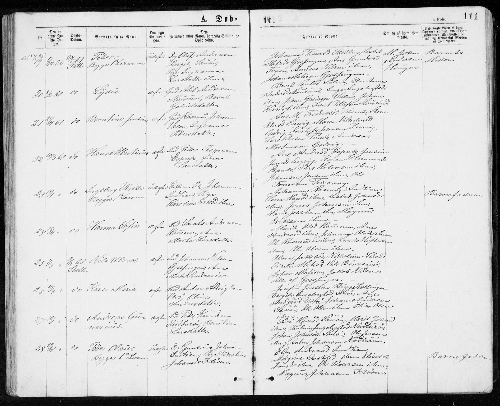 Ministerialprotokoller, klokkerbøker og fødselsregistre - Sør-Trøndelag, AV/SAT-A-1456/640/L0576: Parish register (official) no. 640A01, 1846-1876, p. 111