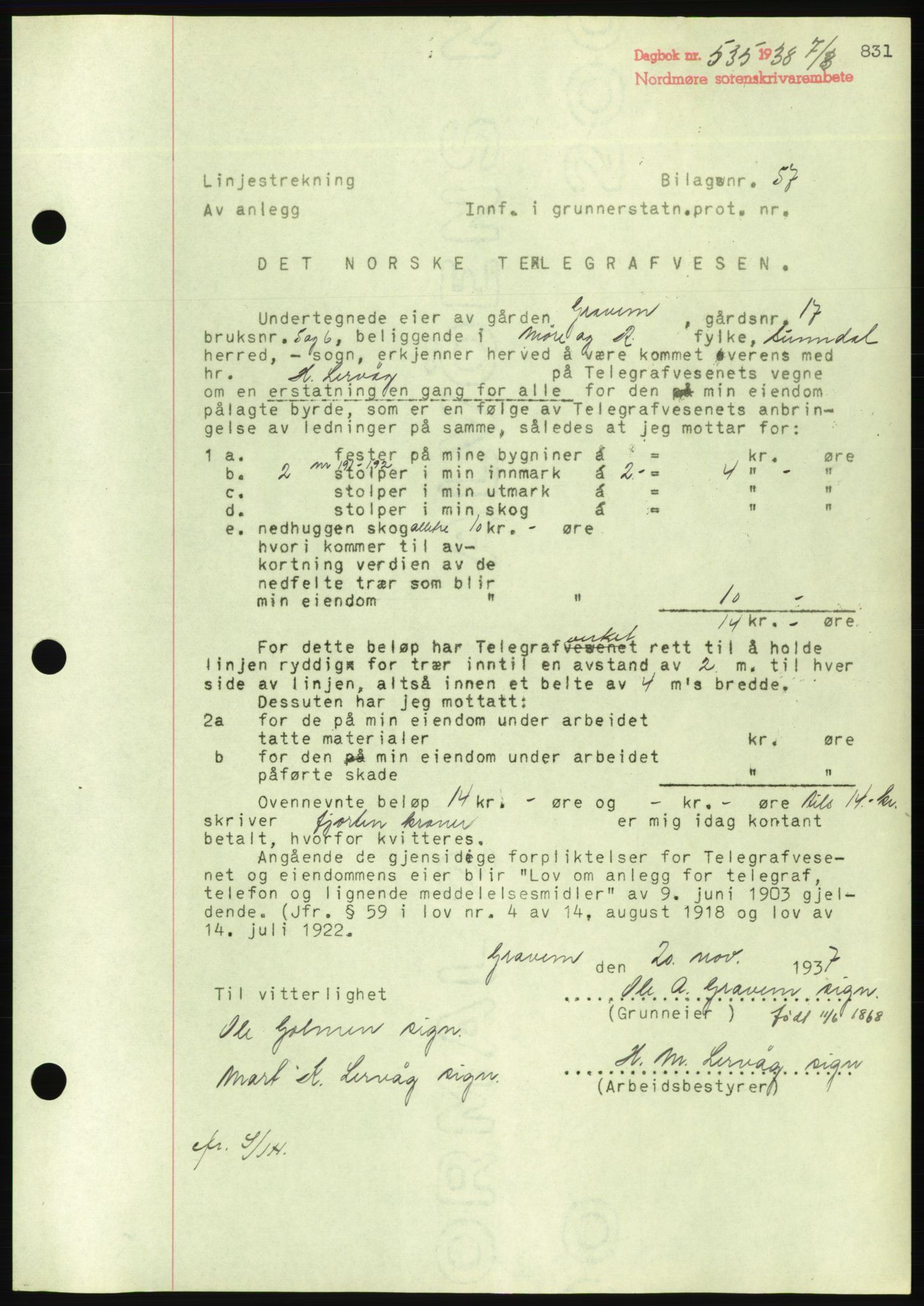 Nordmøre sorenskriveri, AV/SAT-A-4132/1/2/2Ca/L0092: Mortgage book no. B82, 1937-1938, Diary no: : 535/1938