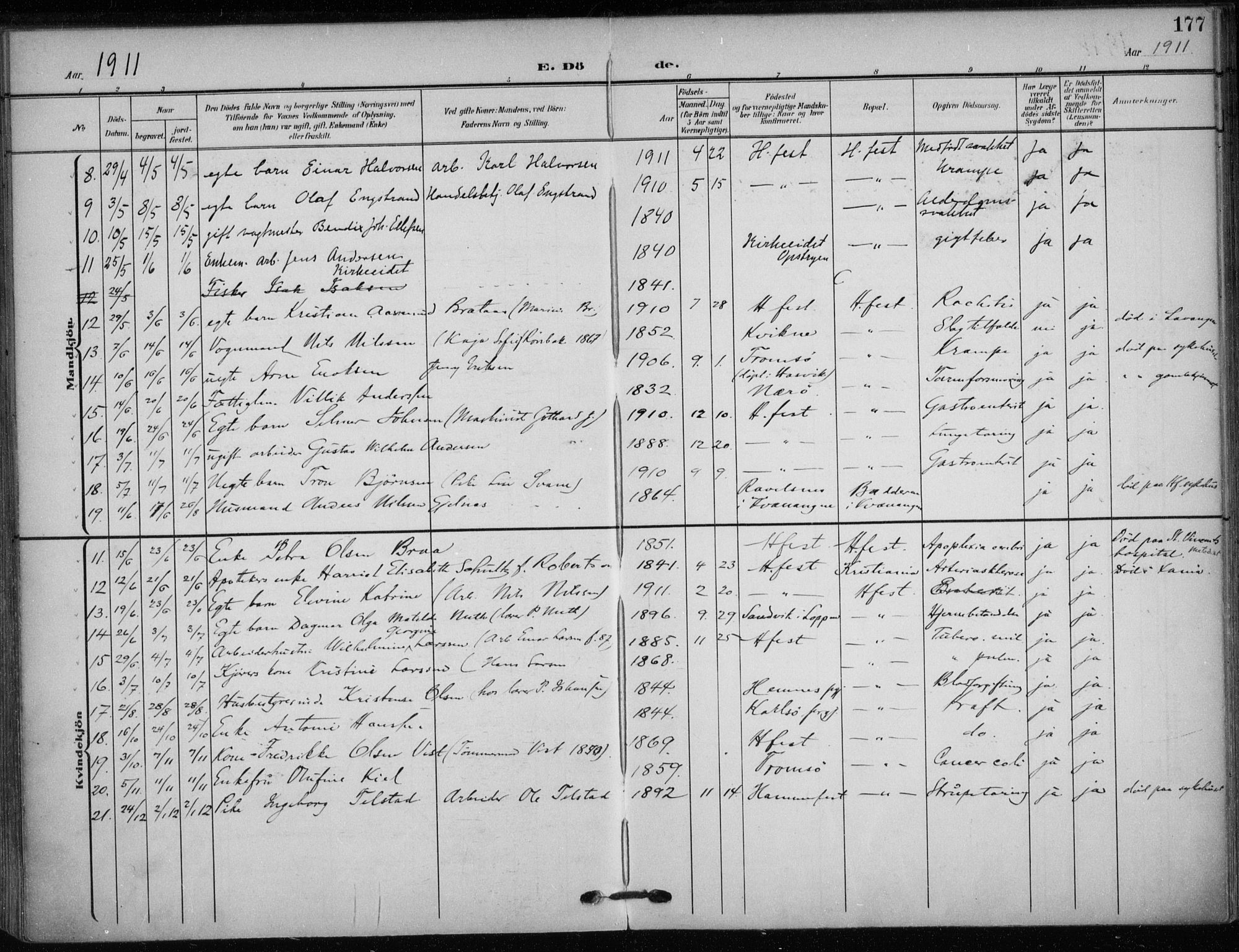 Hammerfest sokneprestkontor, SATØ/S-1347/H/Ha/L0014.kirke: Parish register (official) no. 14, 1906-1916, p. 177