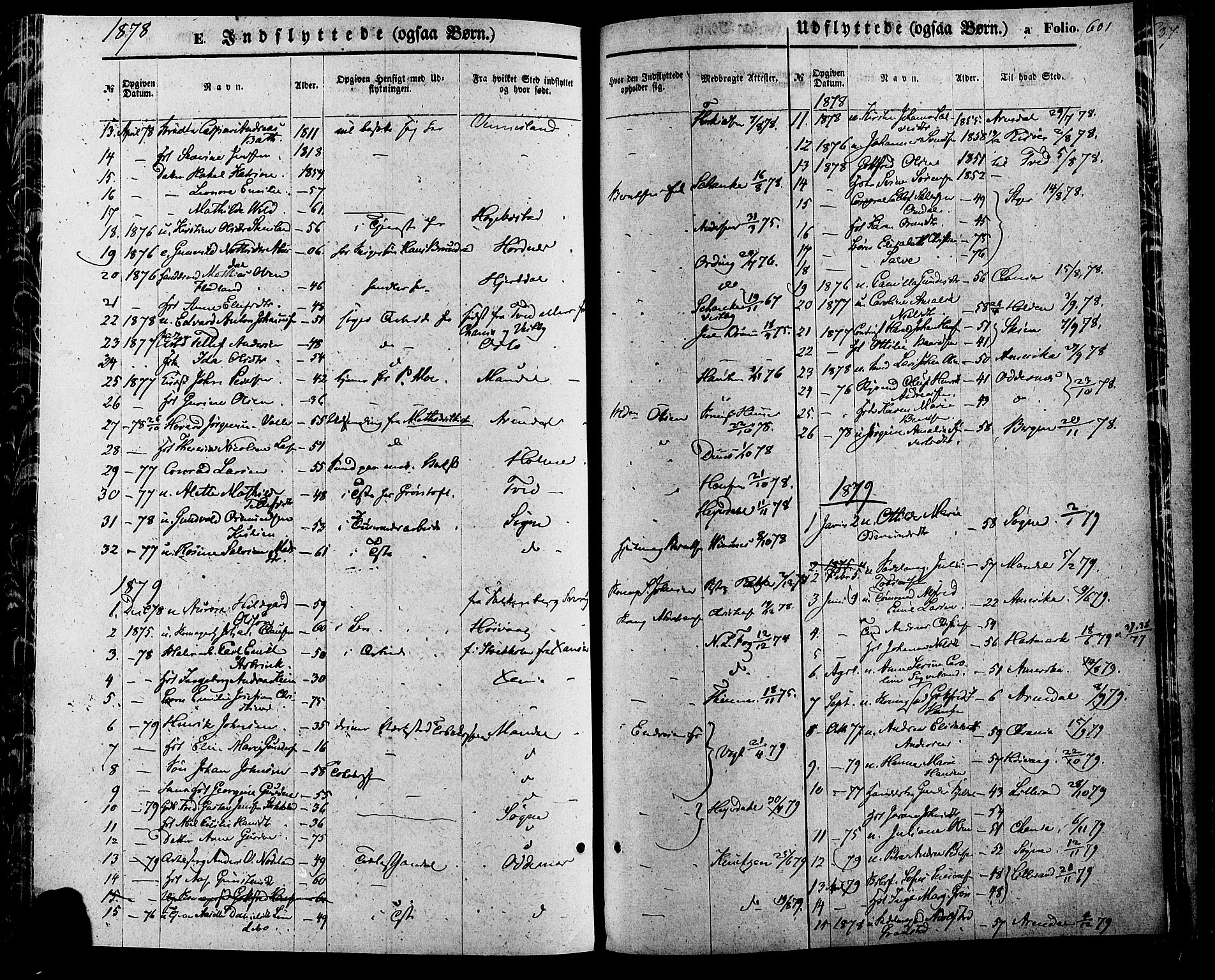 Kristiansand domprosti, SAK/1112-0006/F/Fa/L0015: Parish register (official) no. A 15, 1867-1880, p. 601
