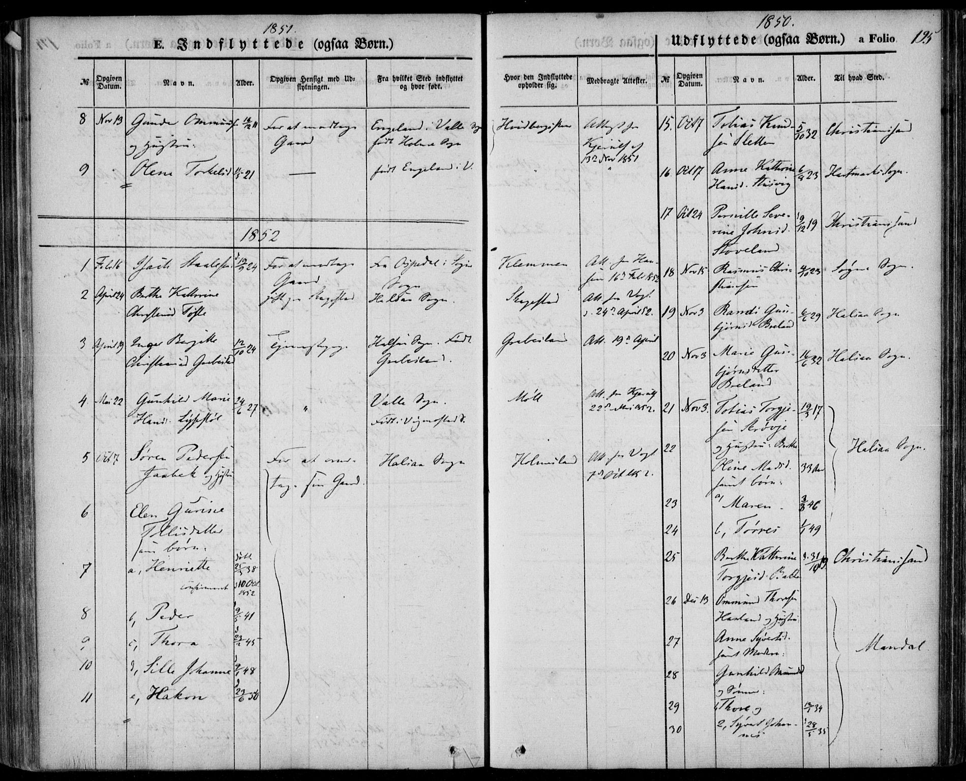 Holum sokneprestkontor, SAK/1111-0022/F/Fa/Faa/L0005: Parish register (official) no. A 5, 1850-1864, p. 195