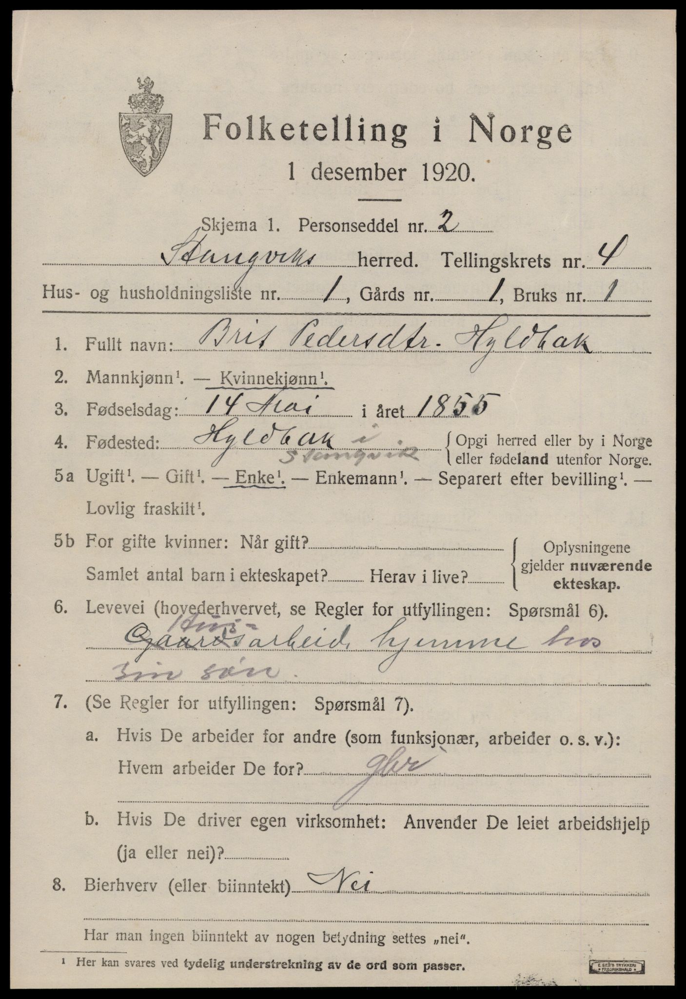 SAT, 1920 census for Stangvik, 1920, p. 2356