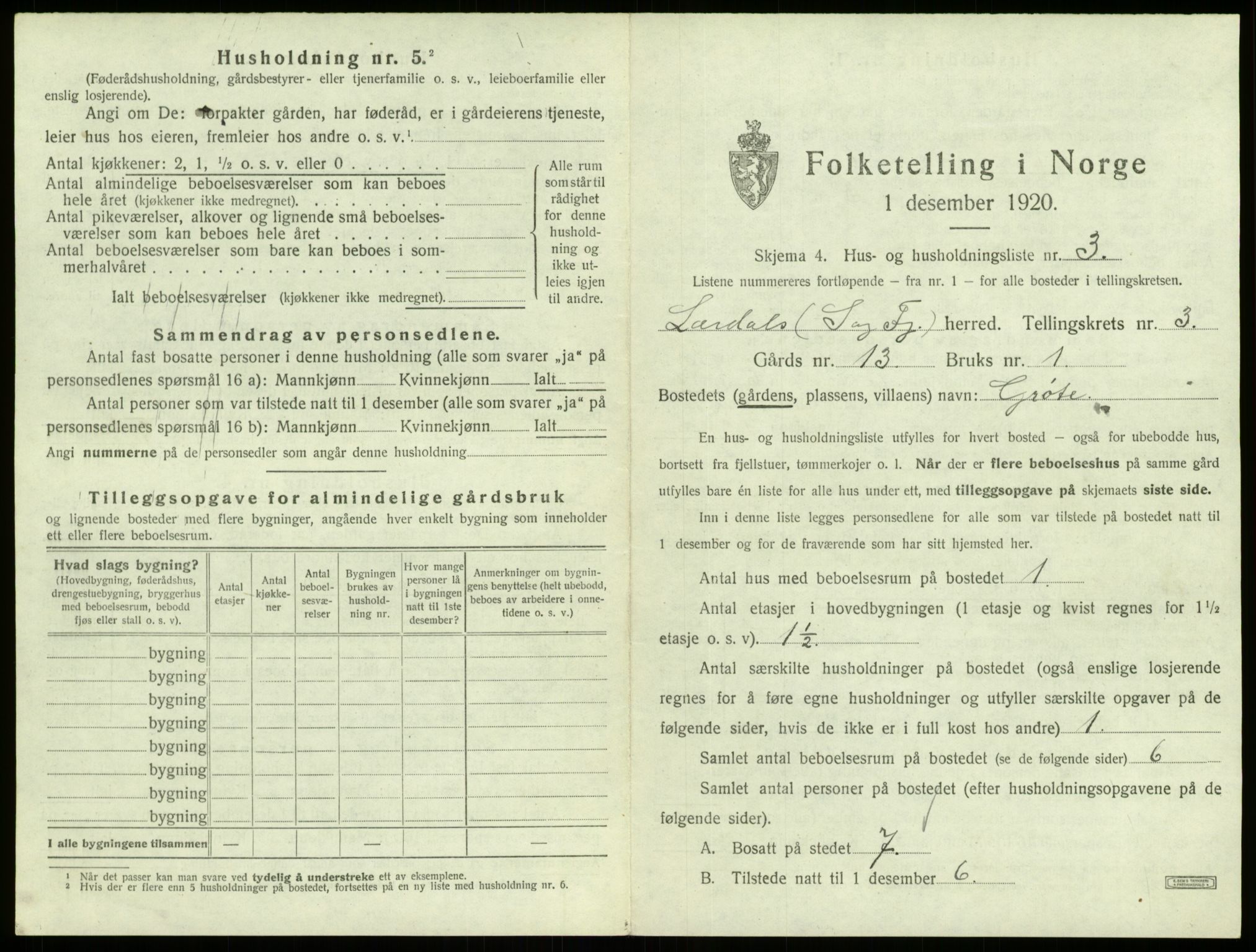 SAB, 1920 census for Lærdal, 1920, p. 221