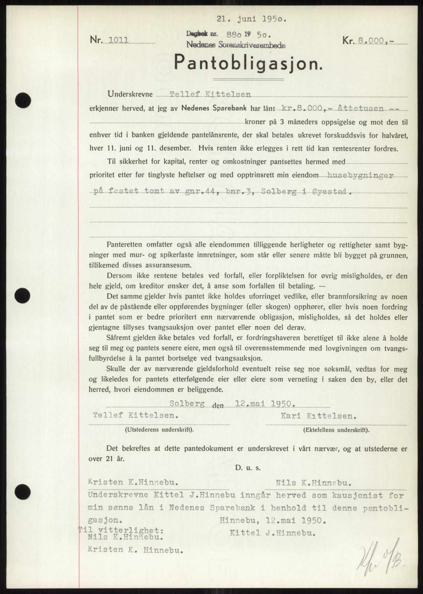 Nedenes sorenskriveri, SAK/1221-0006/G/Gb/Gbb/L0007: Mortgage book no. B7, 1949-1950, Diary no: : 880/1950