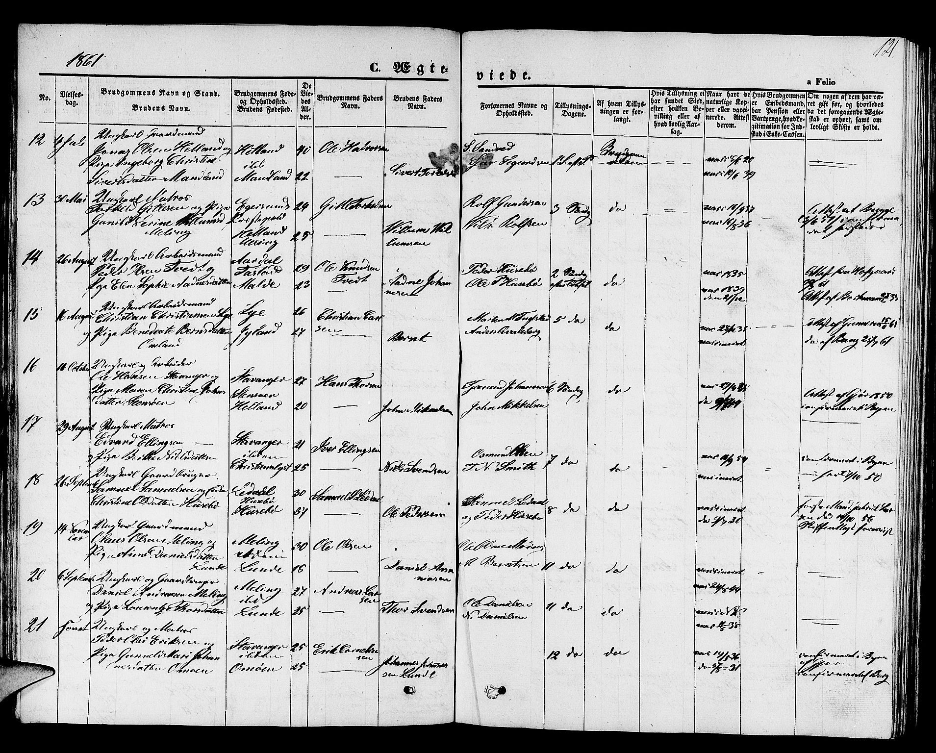 Hetland sokneprestkontor, SAST/A-101826/30/30BB/L0001: Parish register (copy) no. B 1, 1850-1868, p. 121