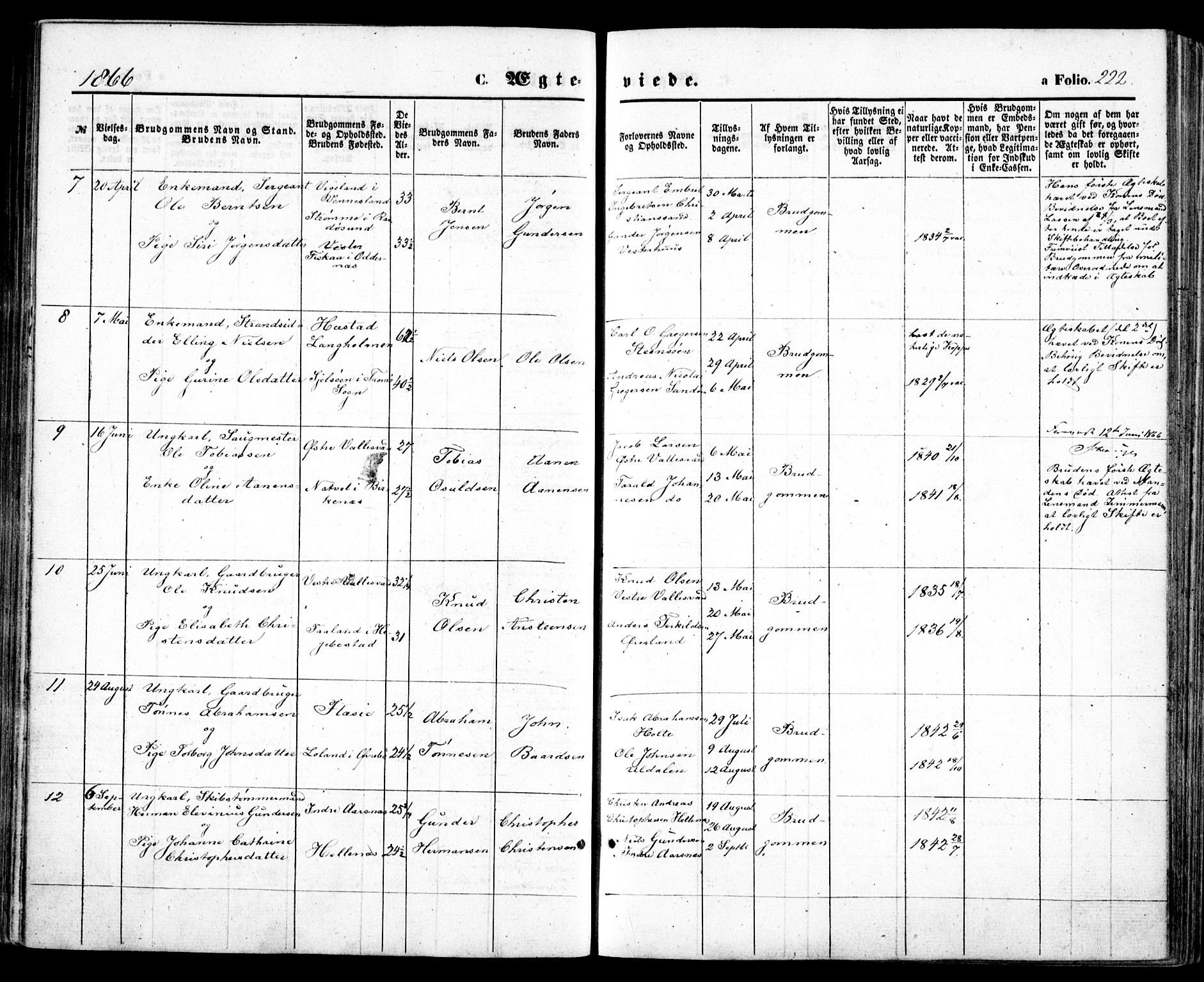 Høvåg sokneprestkontor, SAK/1111-0025/F/Fa/L0004: Parish register (official) no. A 4, 1859-1877, p. 222