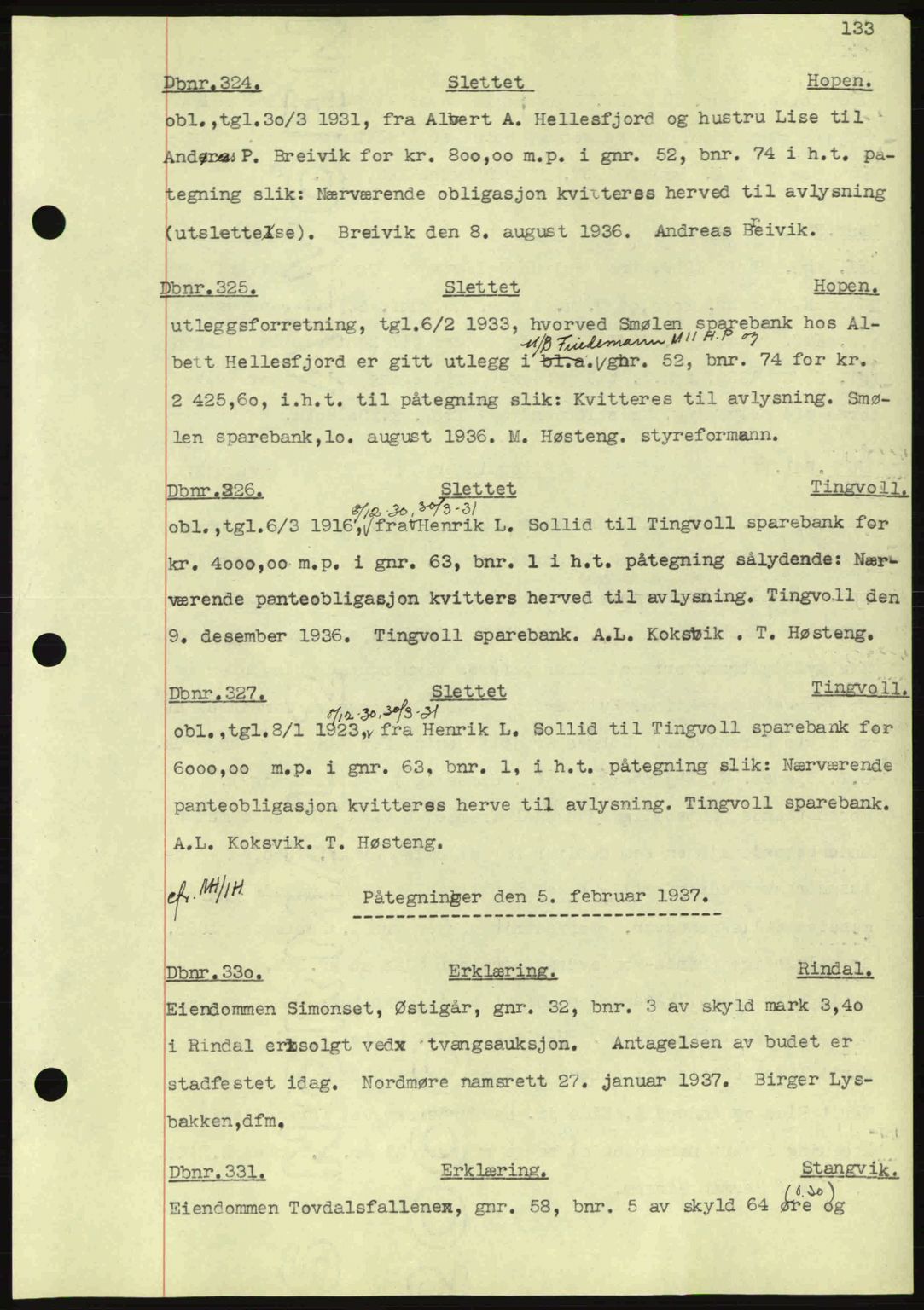 Nordmøre sorenskriveri, AV/SAT-A-4132/1/2/2Ca: Mortgage book no. C80, 1936-1939, Diary no: : 324/1937